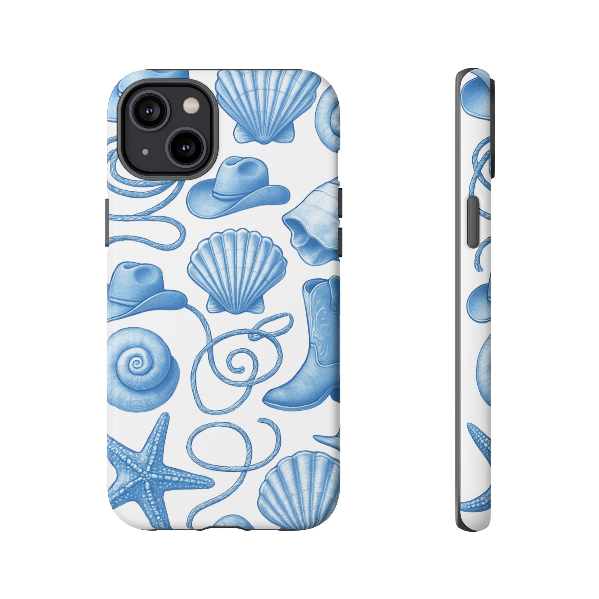 Blue Coastal Cowgirl Phone Case – Seashells, Boots & Beach Vibes