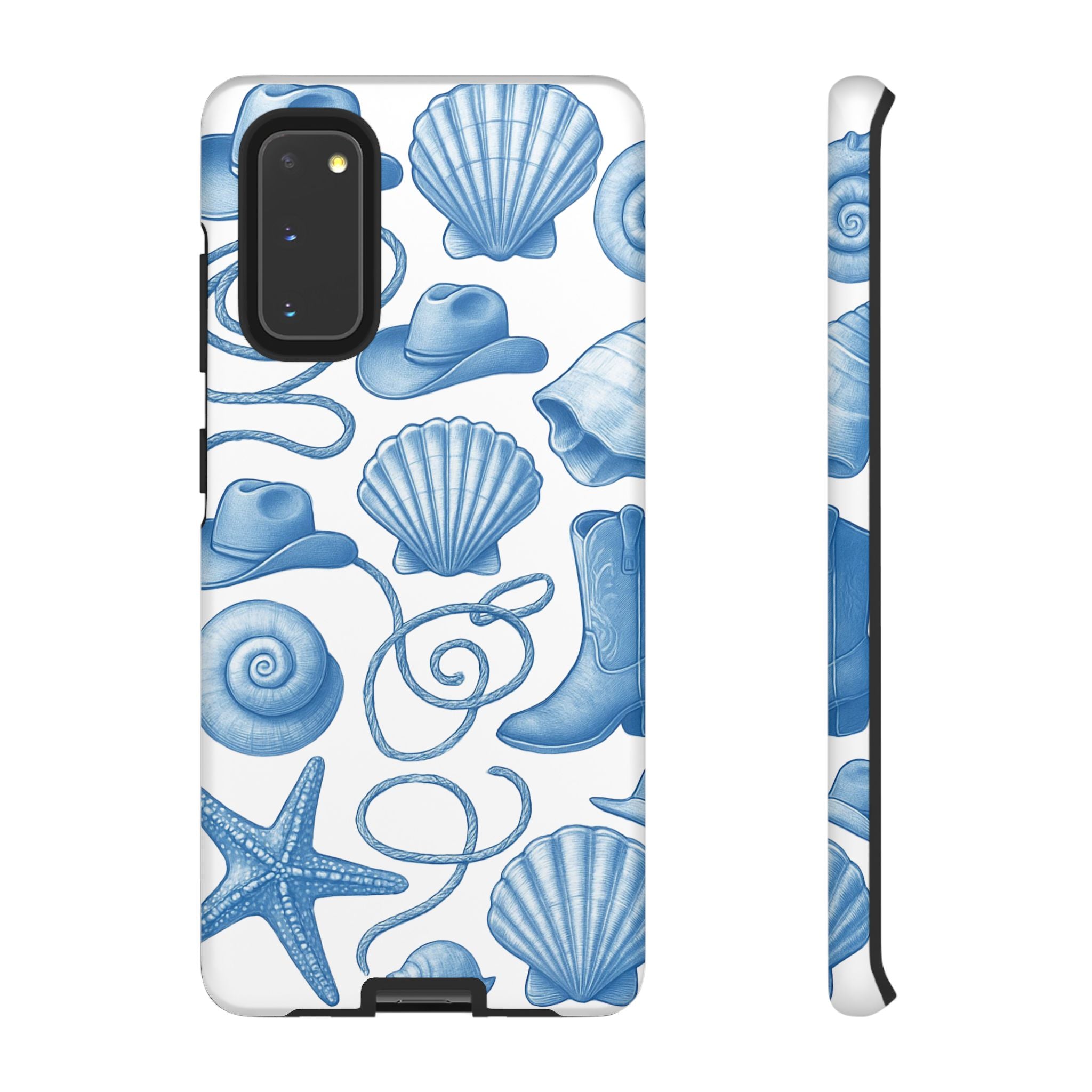 Blue Coastal Cowgirl Phone Case – Seashells, Boots & Beach Vibes
