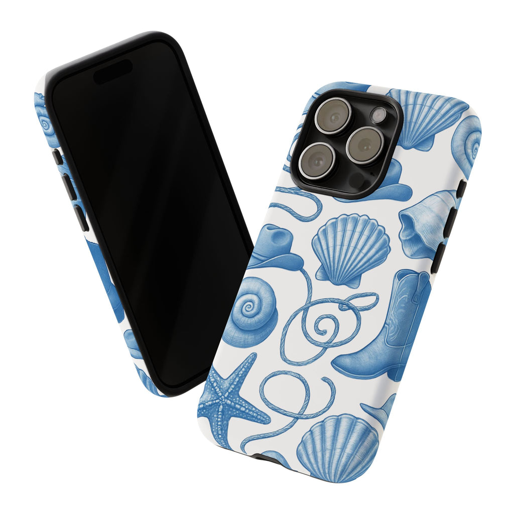 Blue Coastal Cowgirl Phone Case – Seashells, Boots & Beach Vibes