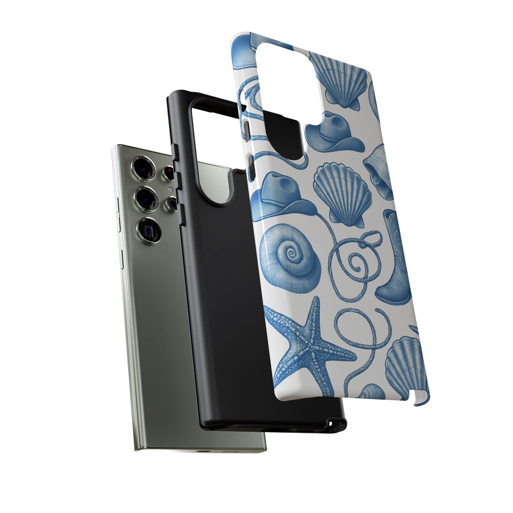 Blue Coastal Cowgirl Phone Case – Seashells, Boots & Beach Vibes