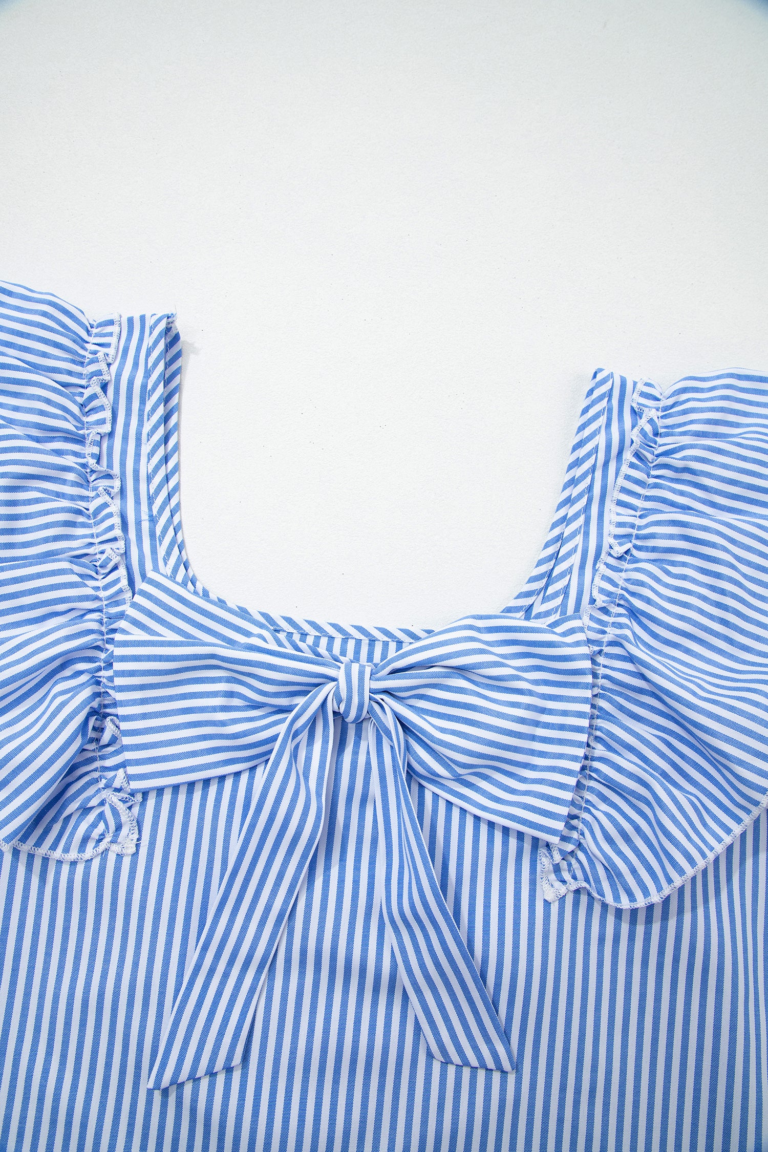 Sky Blue Stripe Square Neck Bow Decor Frilly Ruffled Short Sleeve Blouse