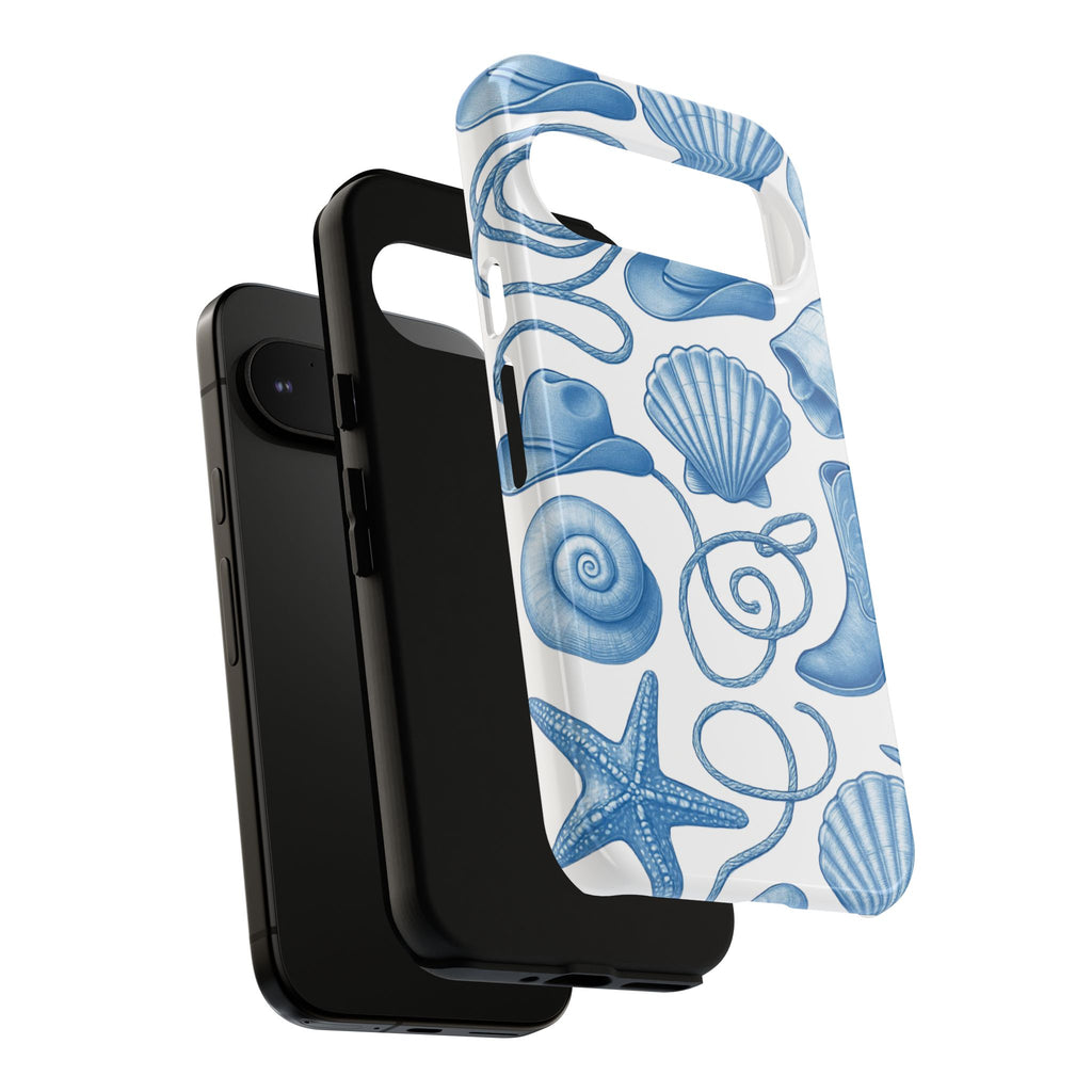 Blue Coastal Cowgirl Phone Case – Seashells, Boots & Beach Vibes