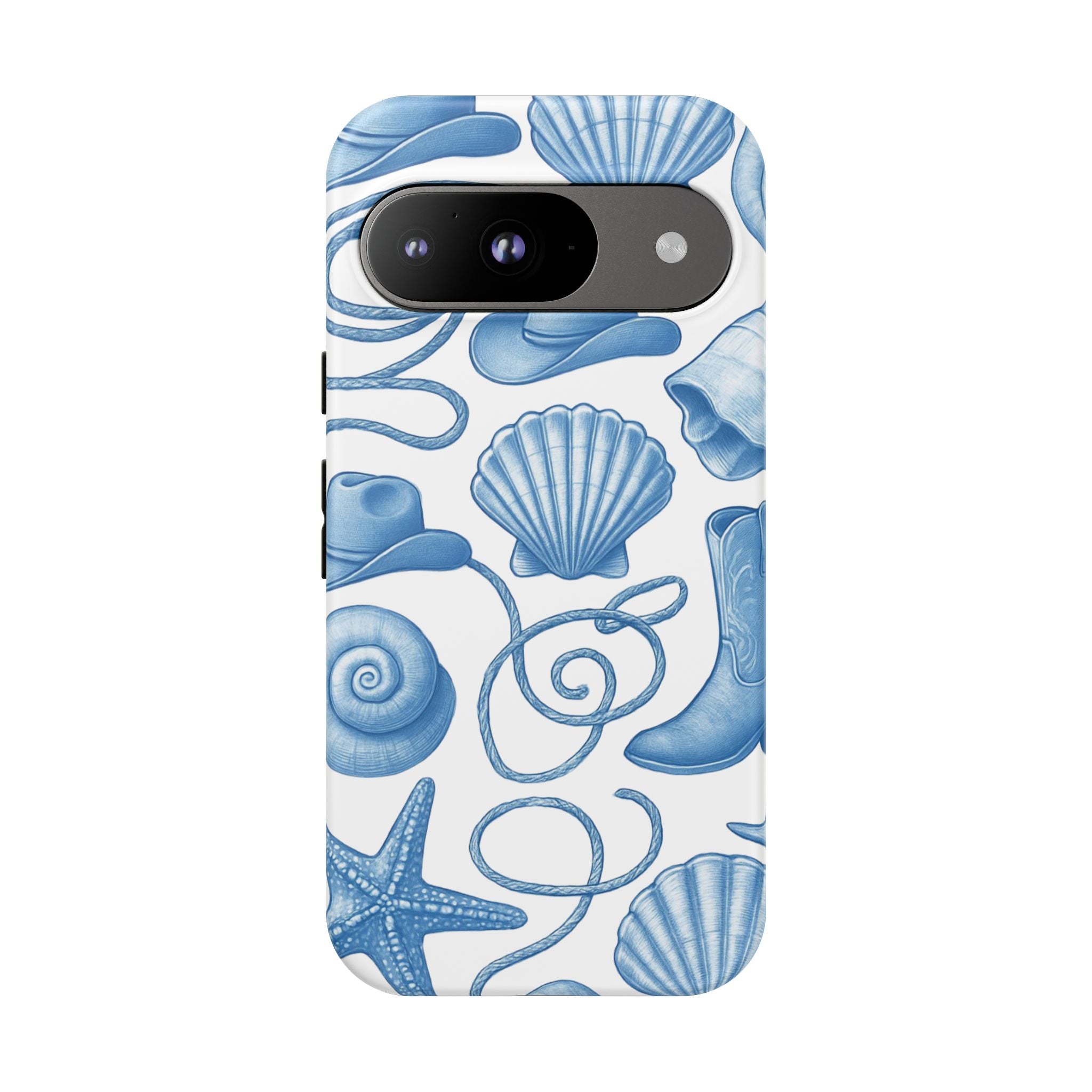 Blue Coastal Cowgirl Phone Case – Seashells, Boots & Beach Vibes