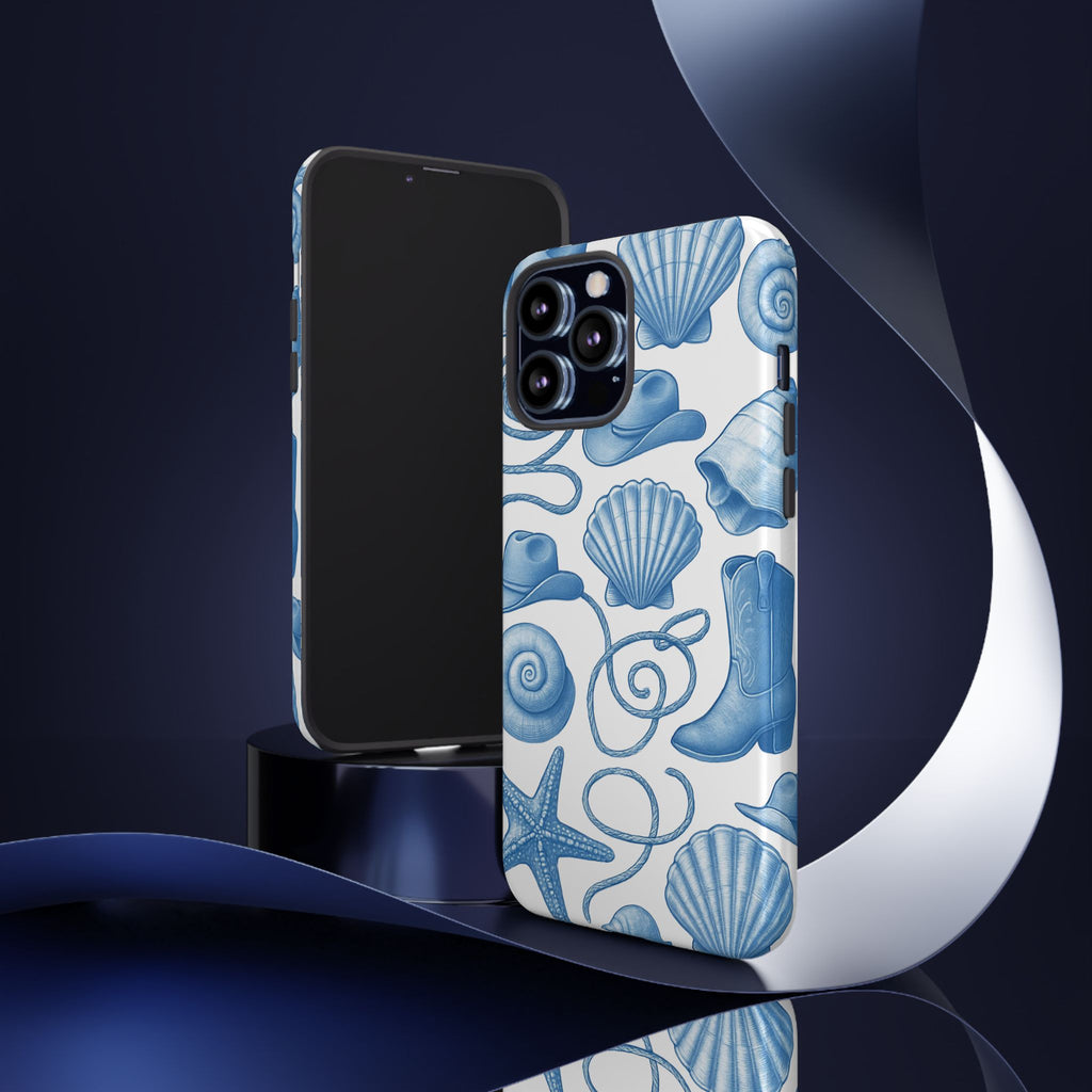 Blue Coastal Cowgirl Phone Case – Seashells, Boots & Beach Vibes