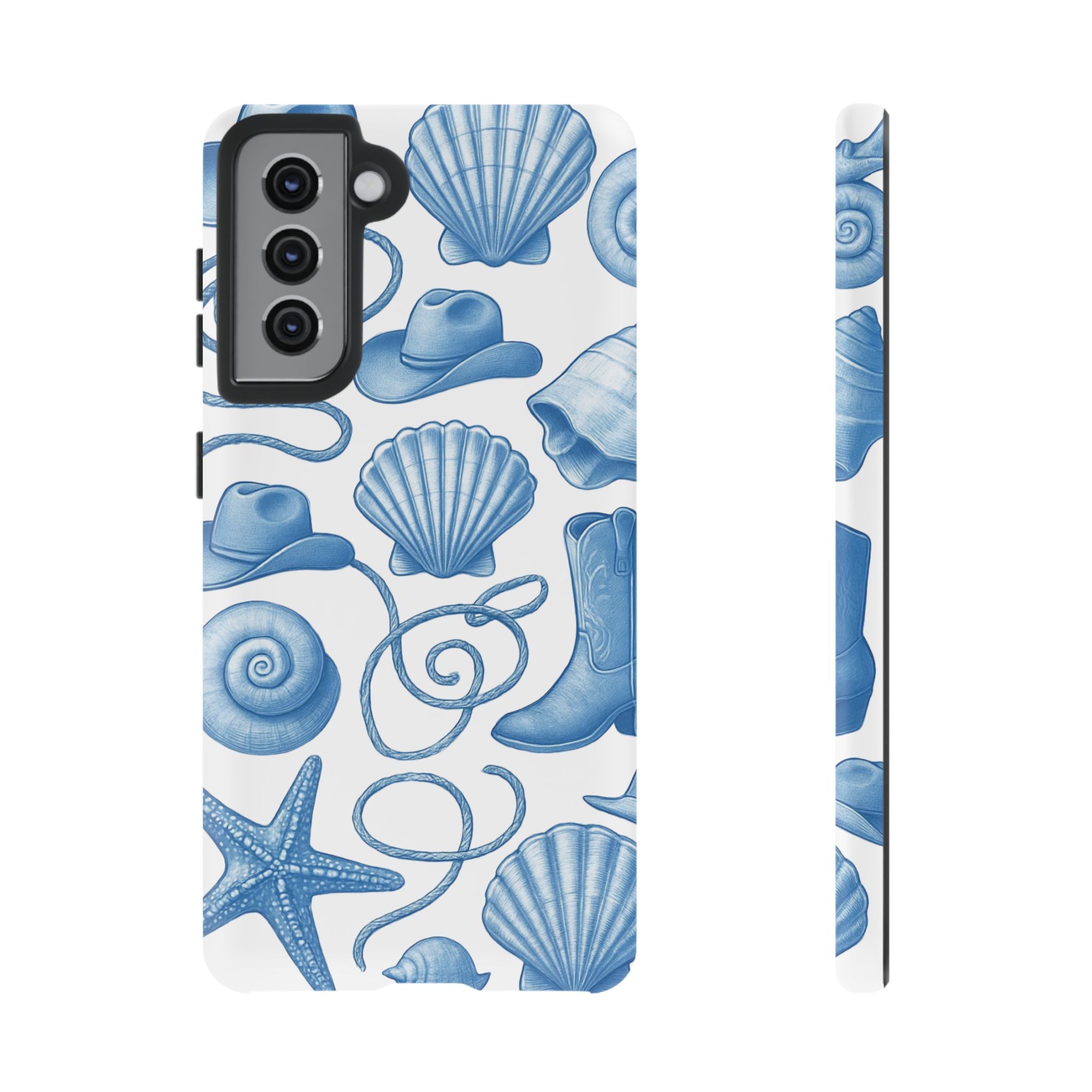 Blue Coastal Cowgirl Phone Case – Seashells, Boots & Beach Vibes