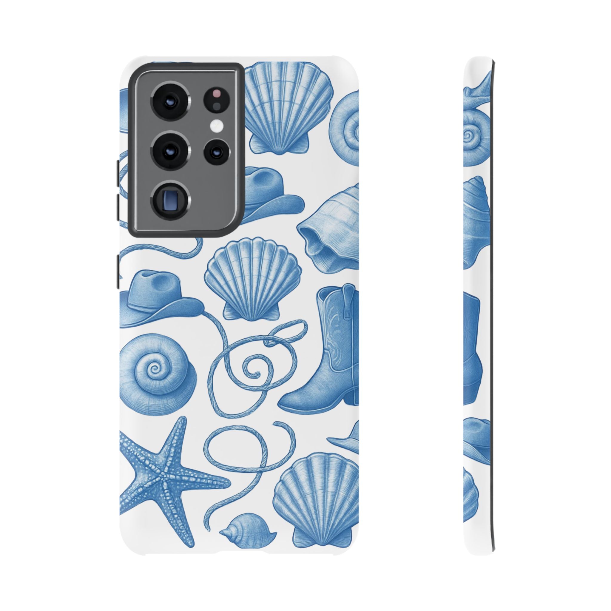 Blue Coastal Cowgirl Phone Case – Seashells, Boots & Beach Vibes