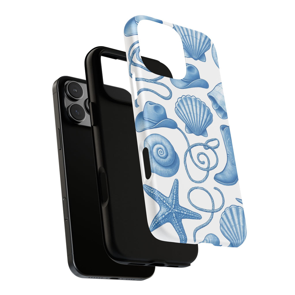Blue Coastal Cowgirl Phone Case – Seashells, Boots & Beach Vibes