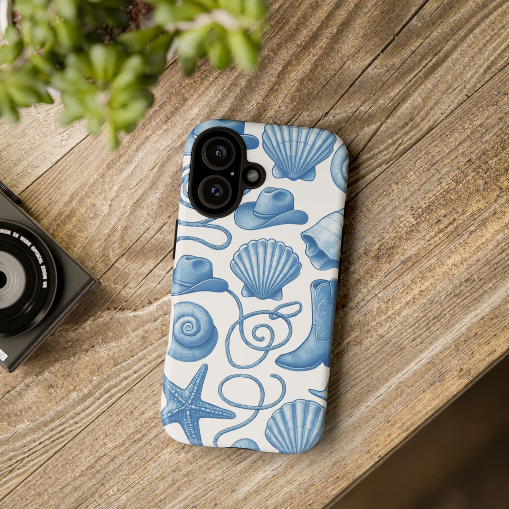 Blue Coastal Cowgirl Phone Case – Seashells, Boots & Beach Vibes