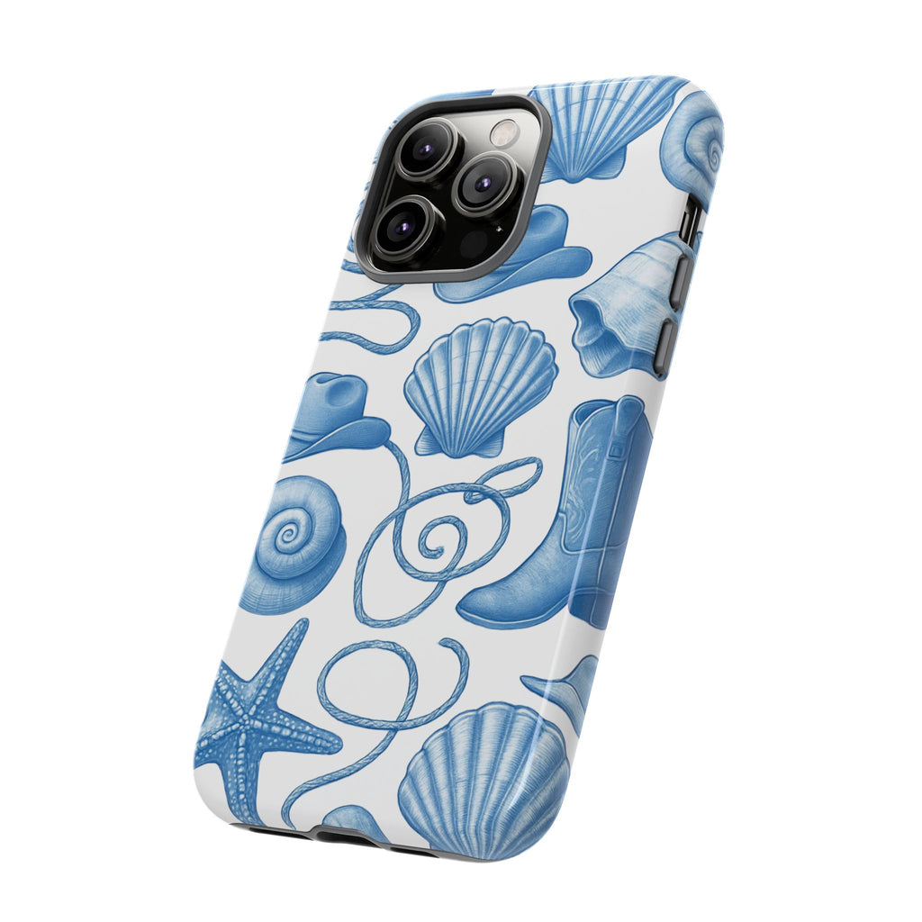 Blue Coastal Cowgirl Phone Case – Seashells, Boots & Beach Vibes