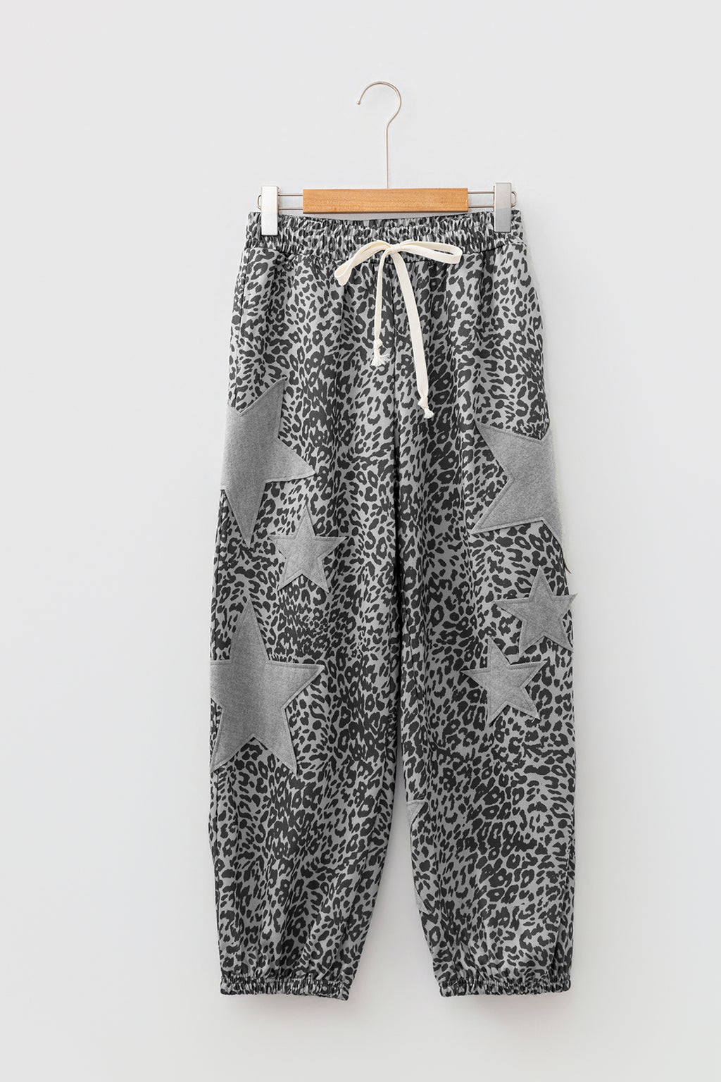 Khaki Leopard Print Star Patched Drawstring Elastic Waist Jogger Pants