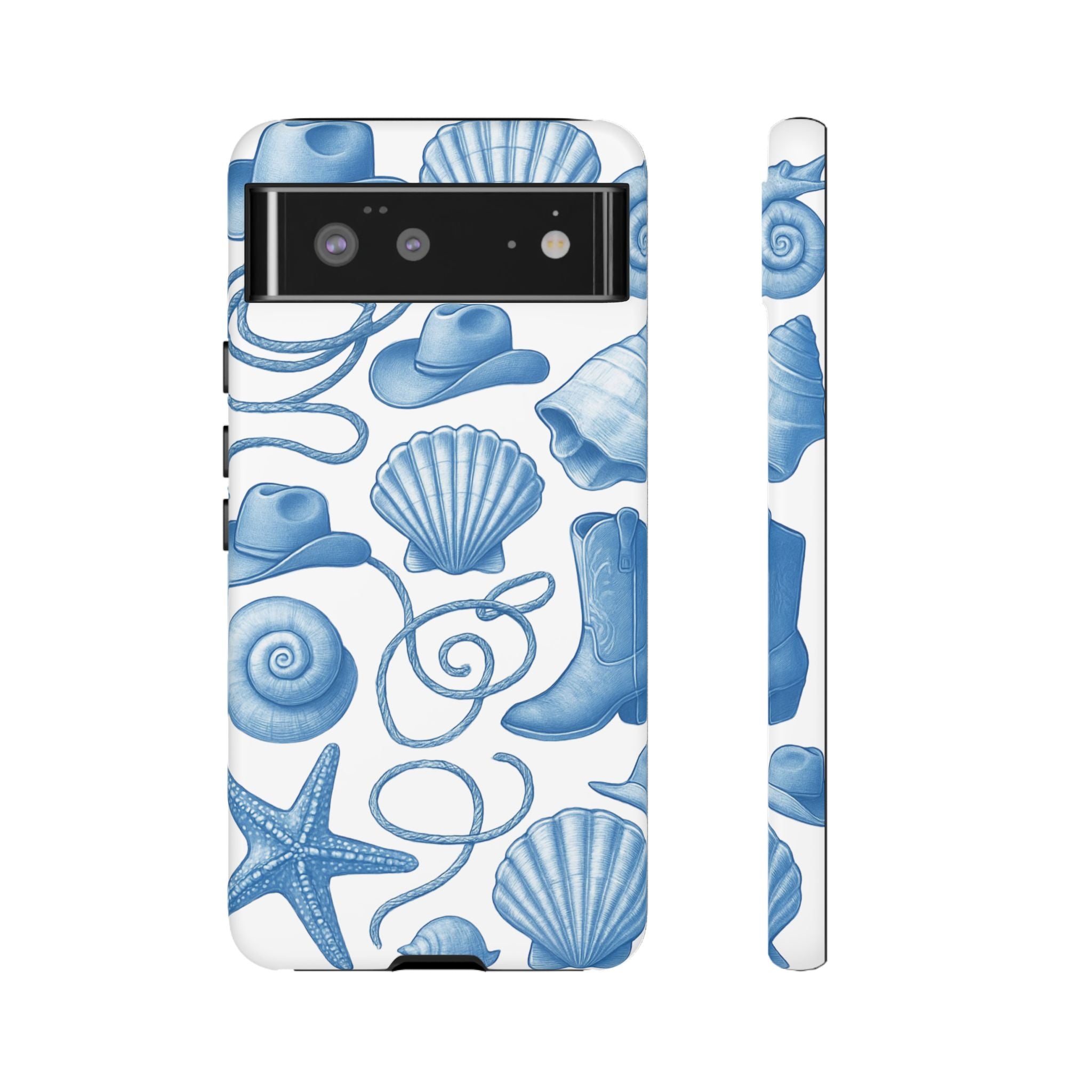 Blue Coastal Cowgirl Phone Case – Seashells, Boots & Beach Vibes