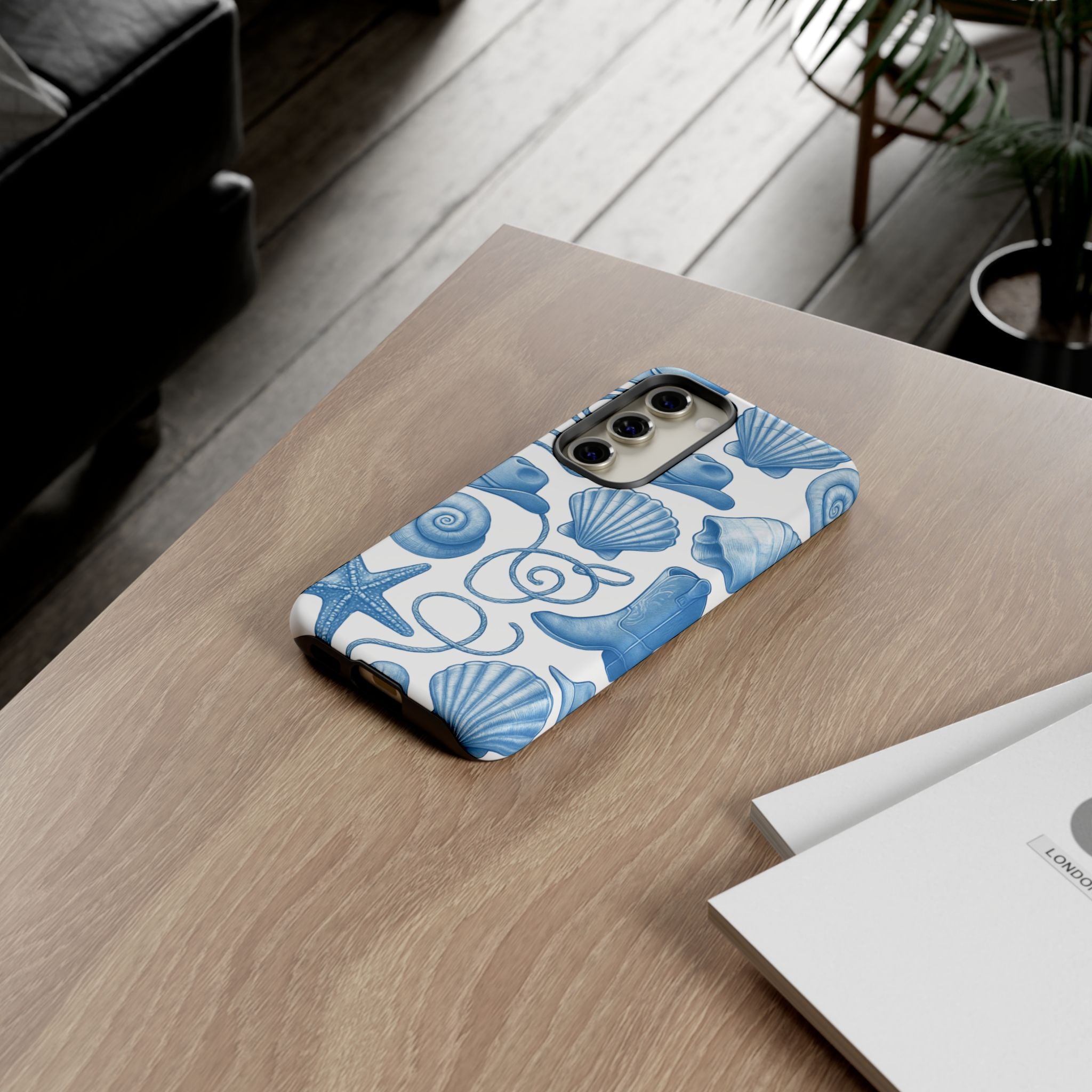Blue Coastal Cowgirl Phone Case – Seashells, Boots & Beach Vibes