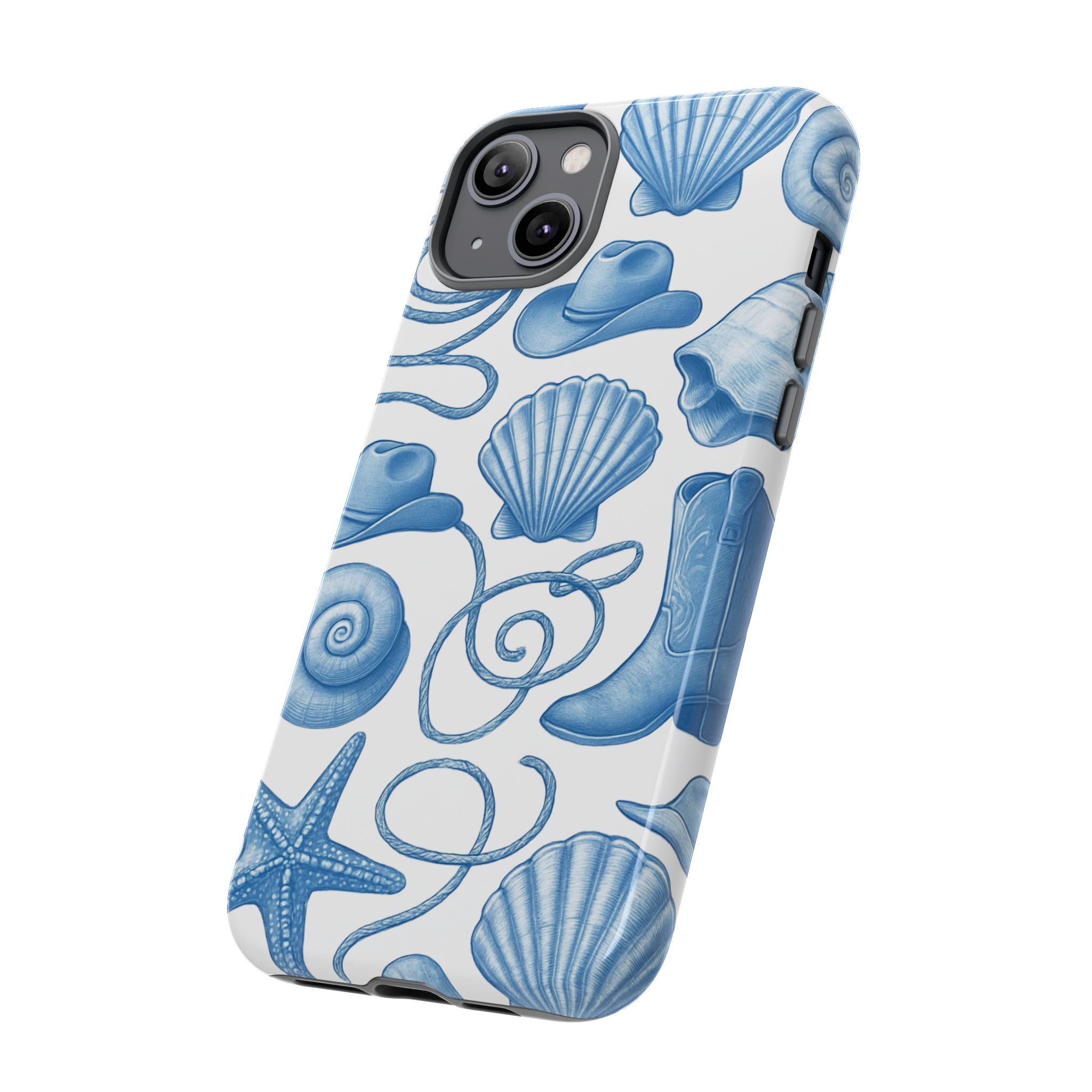 Blue Coastal Cowgirl Phone Case – Seashells, Boots & Beach Vibes