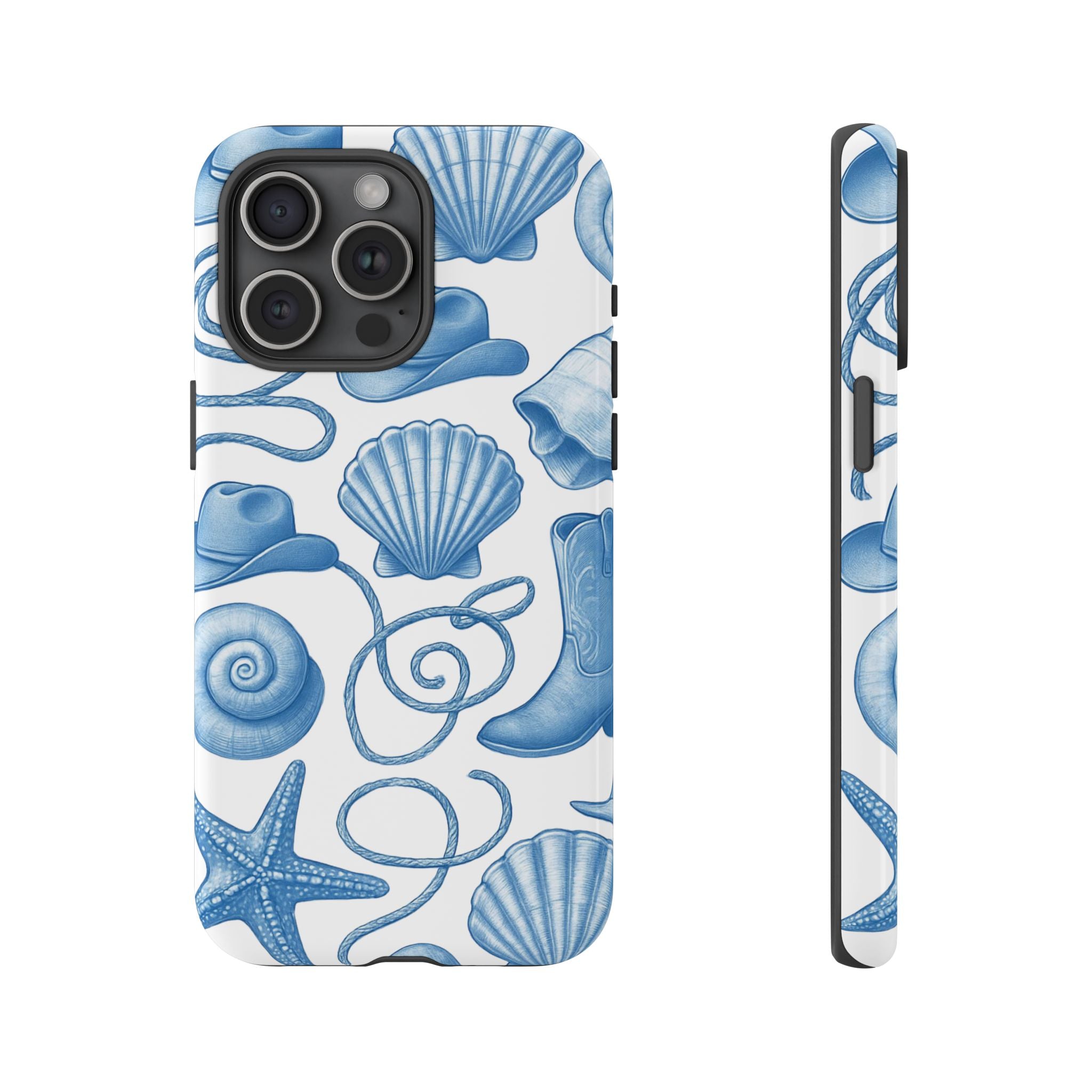 Blue Coastal Cowgirl Phone Case – Seashells, Boots & Beach Vibes