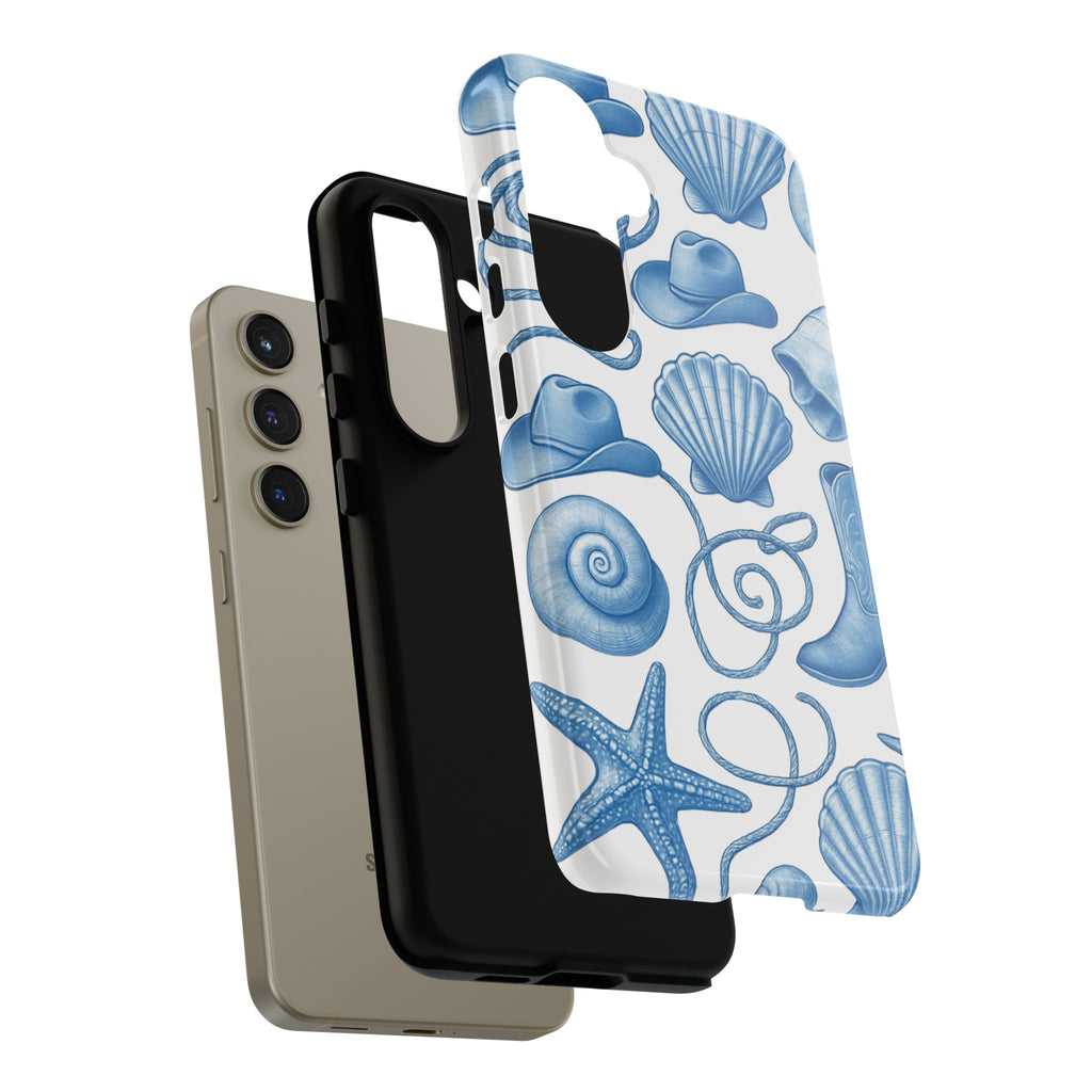 Blue Coastal Cowgirl Phone Case – Seashells, Boots & Beach Vibes