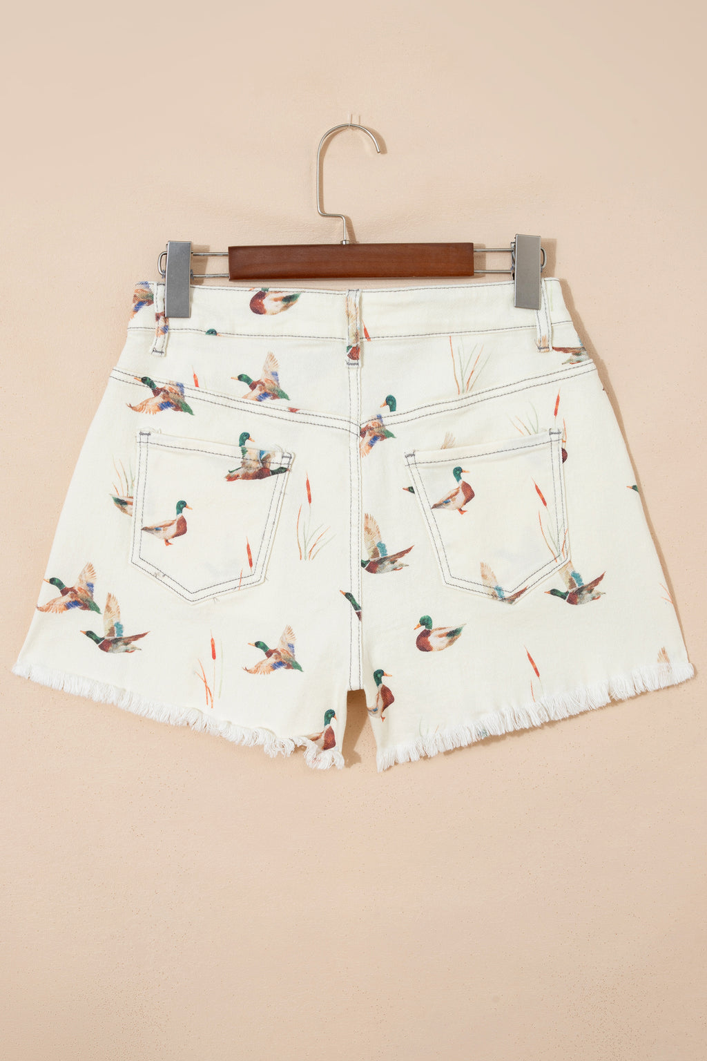 Beige Wild Duck Mallard High Waist Frayed Denim Shorts