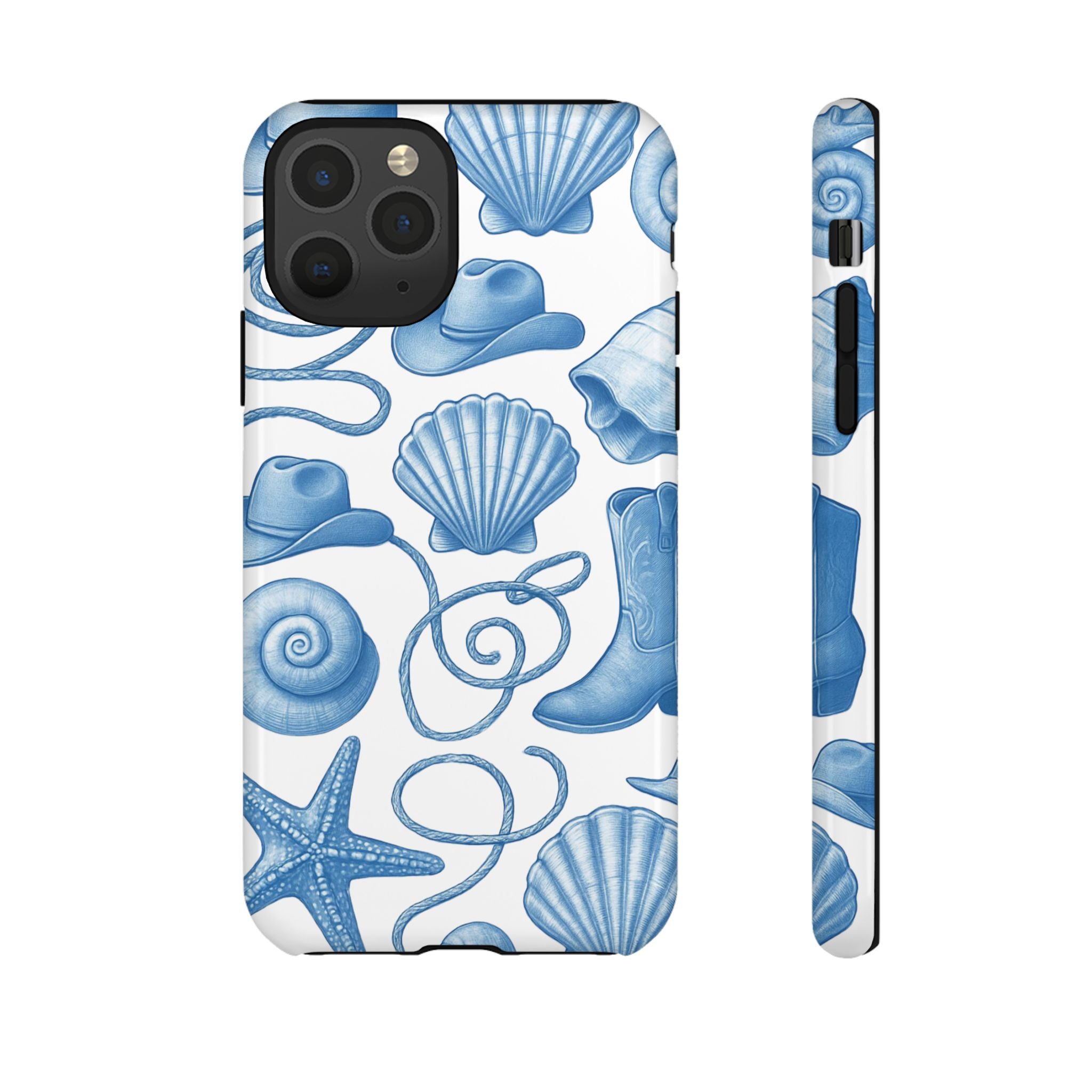 Blue Coastal Cowgirl Phone Case – Seashells, Boots & Beach Vibes