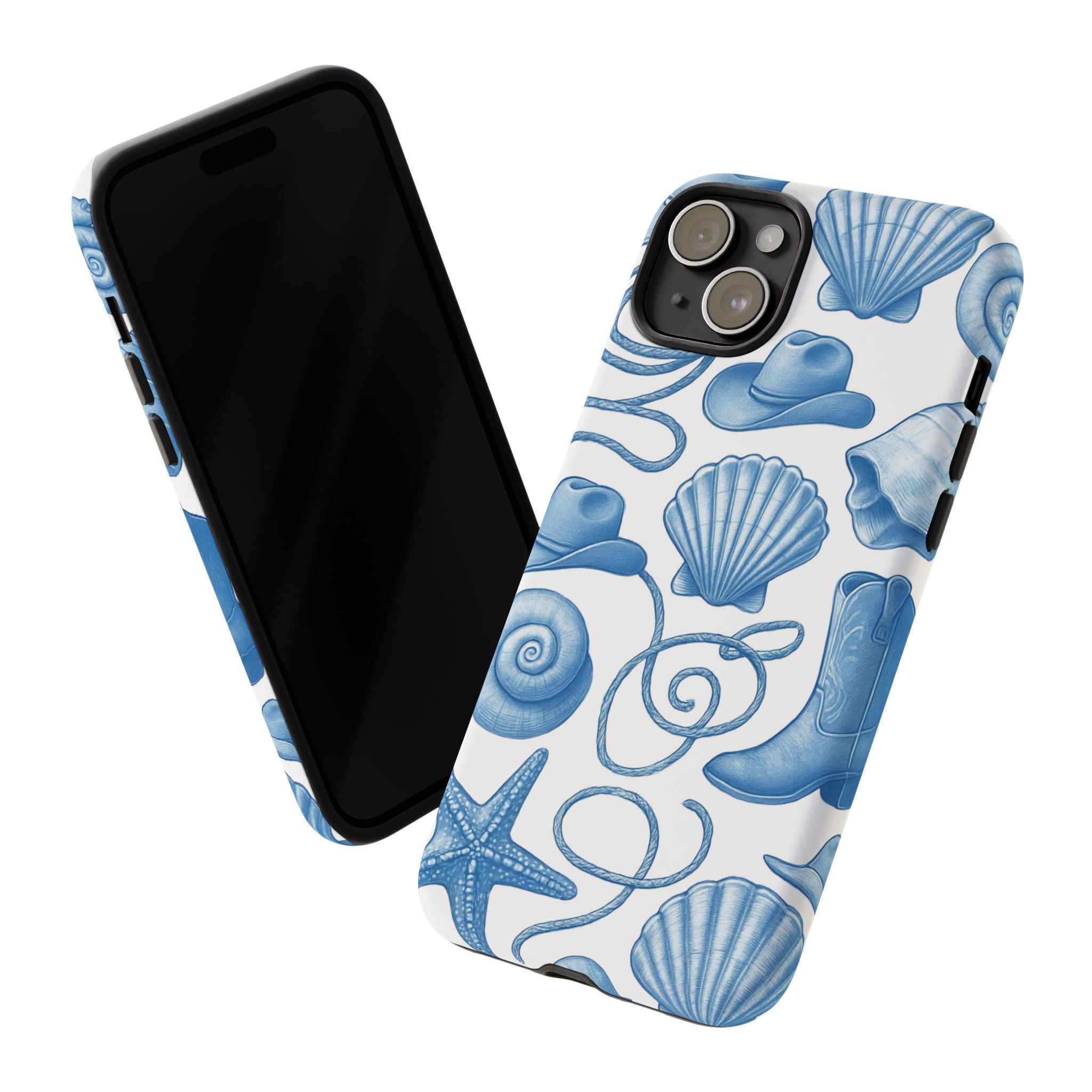 Blue Coastal Cowgirl Phone Case – Seashells, Boots & Beach Vibes