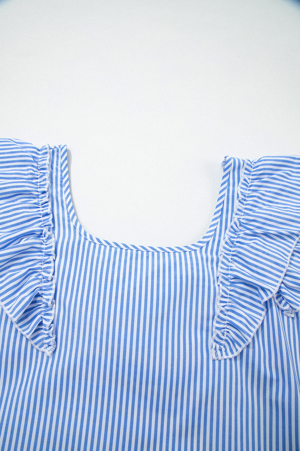 Sky Blue Stripe Square Neck Bow Decor Frilly Ruffled Short Sleeve Blouse