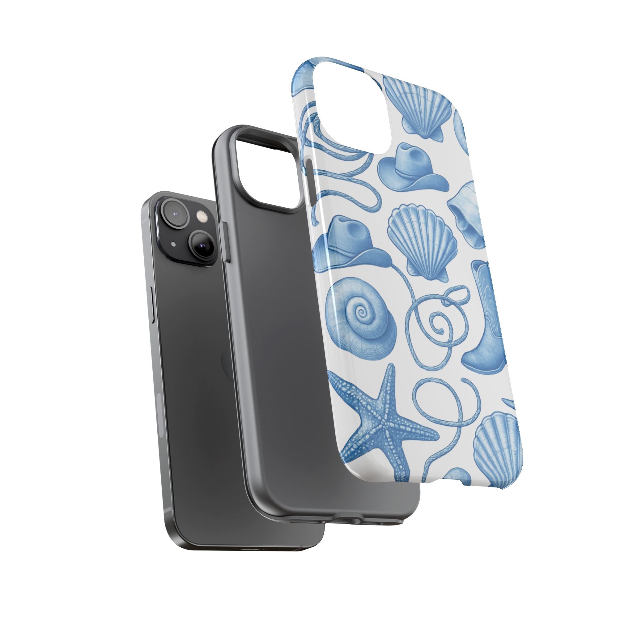 Blue Coastal Cowgirl Phone Case – Seashells, Boots & Beach Vibes