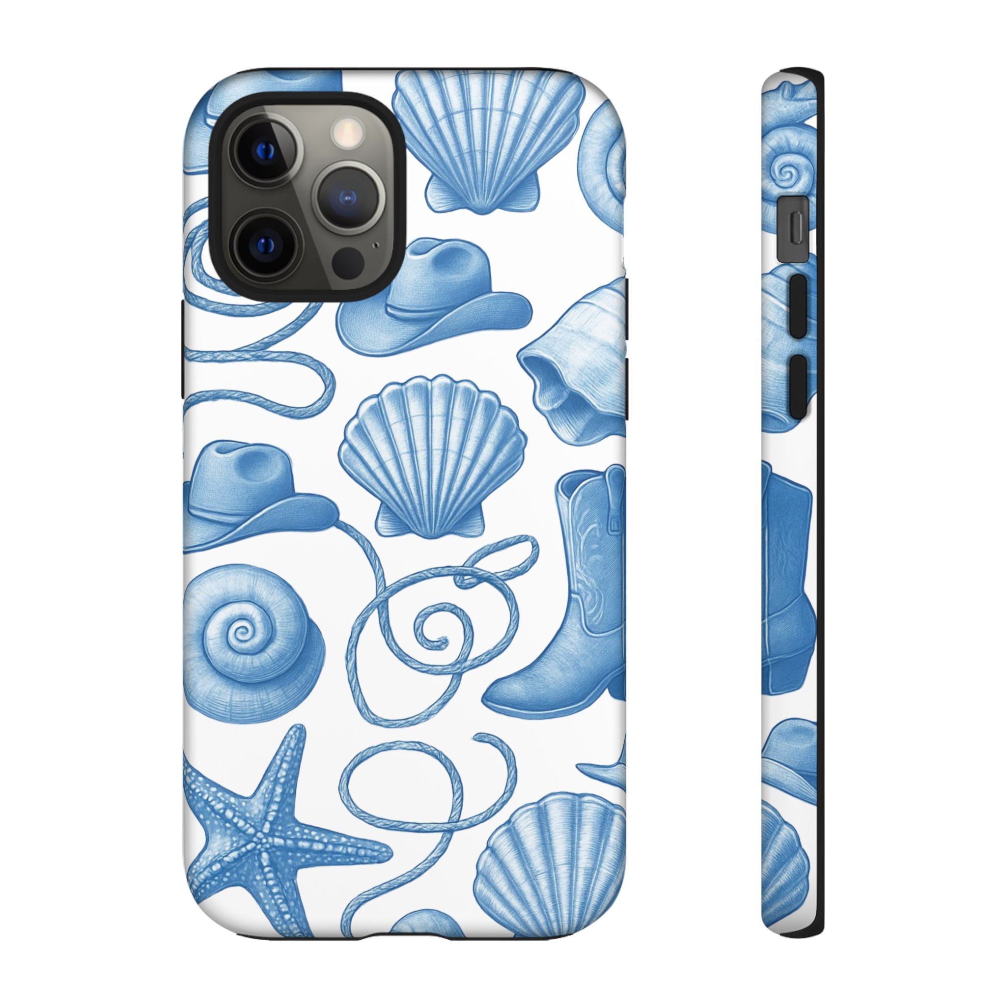 Blue Coastal Cowgirl Phone Case – Seashells, Boots & Beach Vibes