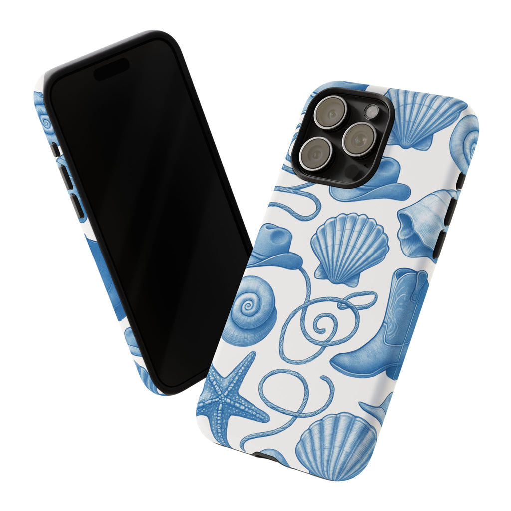 Blue Coastal Cowgirl Phone Case – Seashells, Boots & Beach Vibes