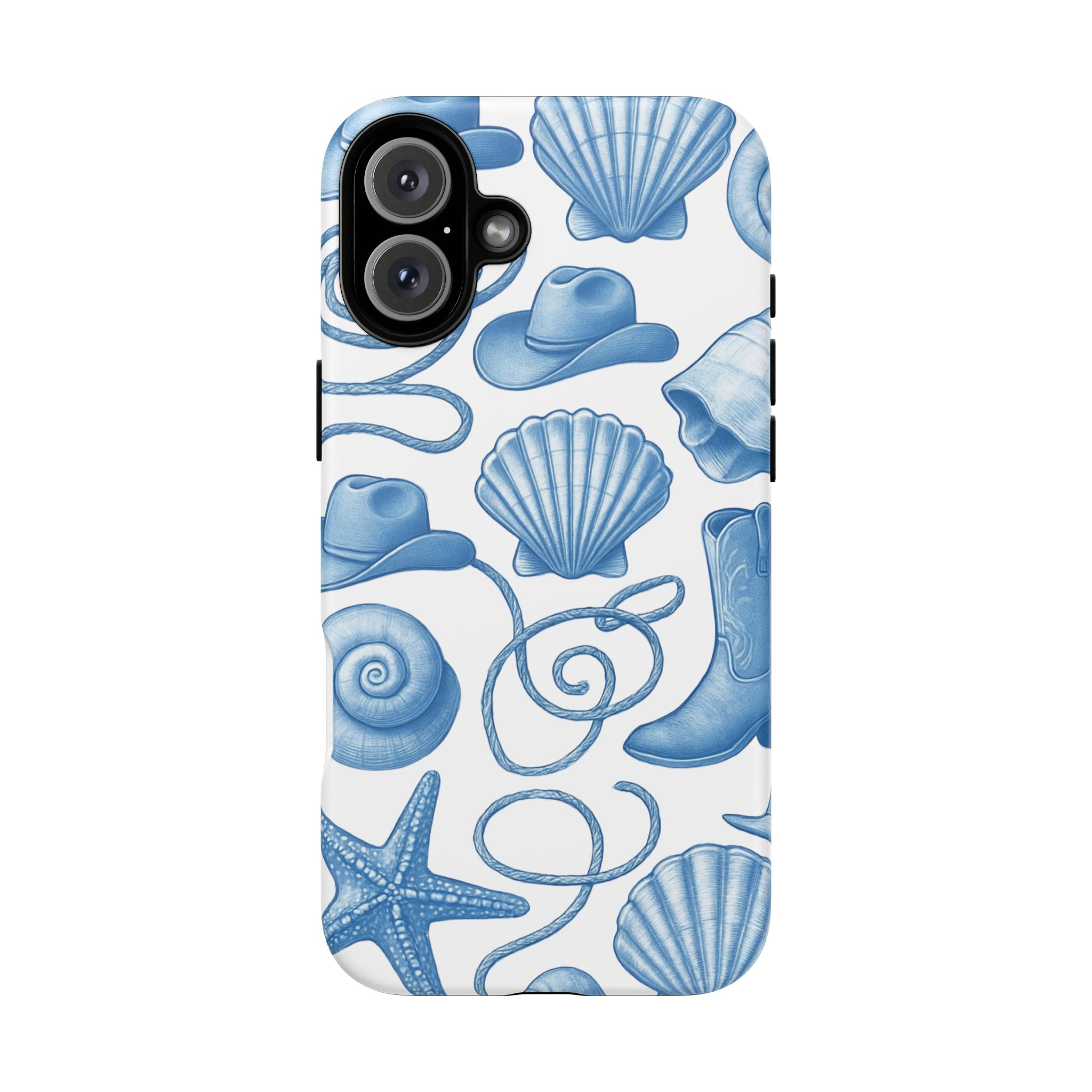 Blue Coastal Cowgirl Phone Case – Seashells, Boots & Beach Vibes