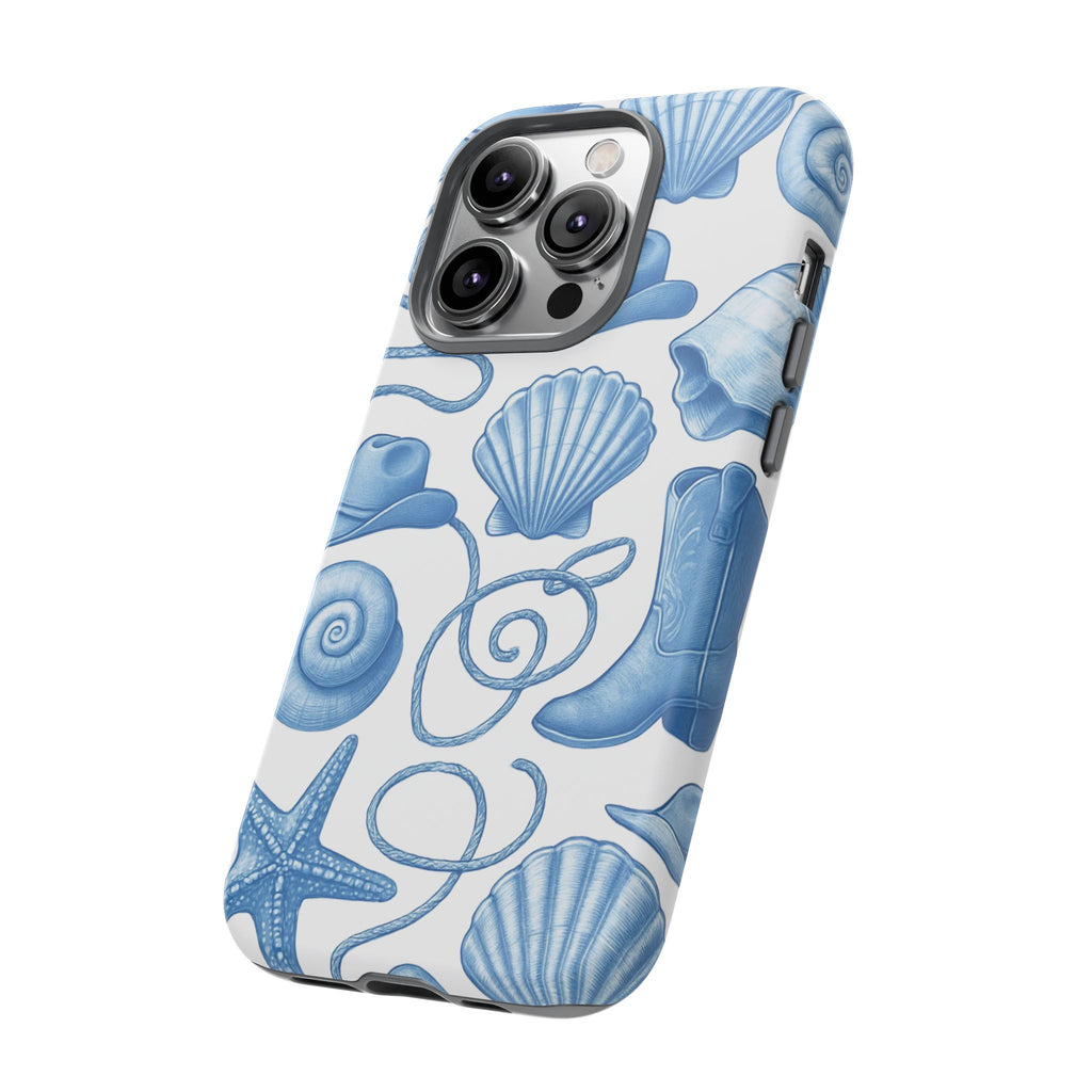 Blue Coastal Cowgirl Phone Case – Seashells, Boots & Beach Vibes