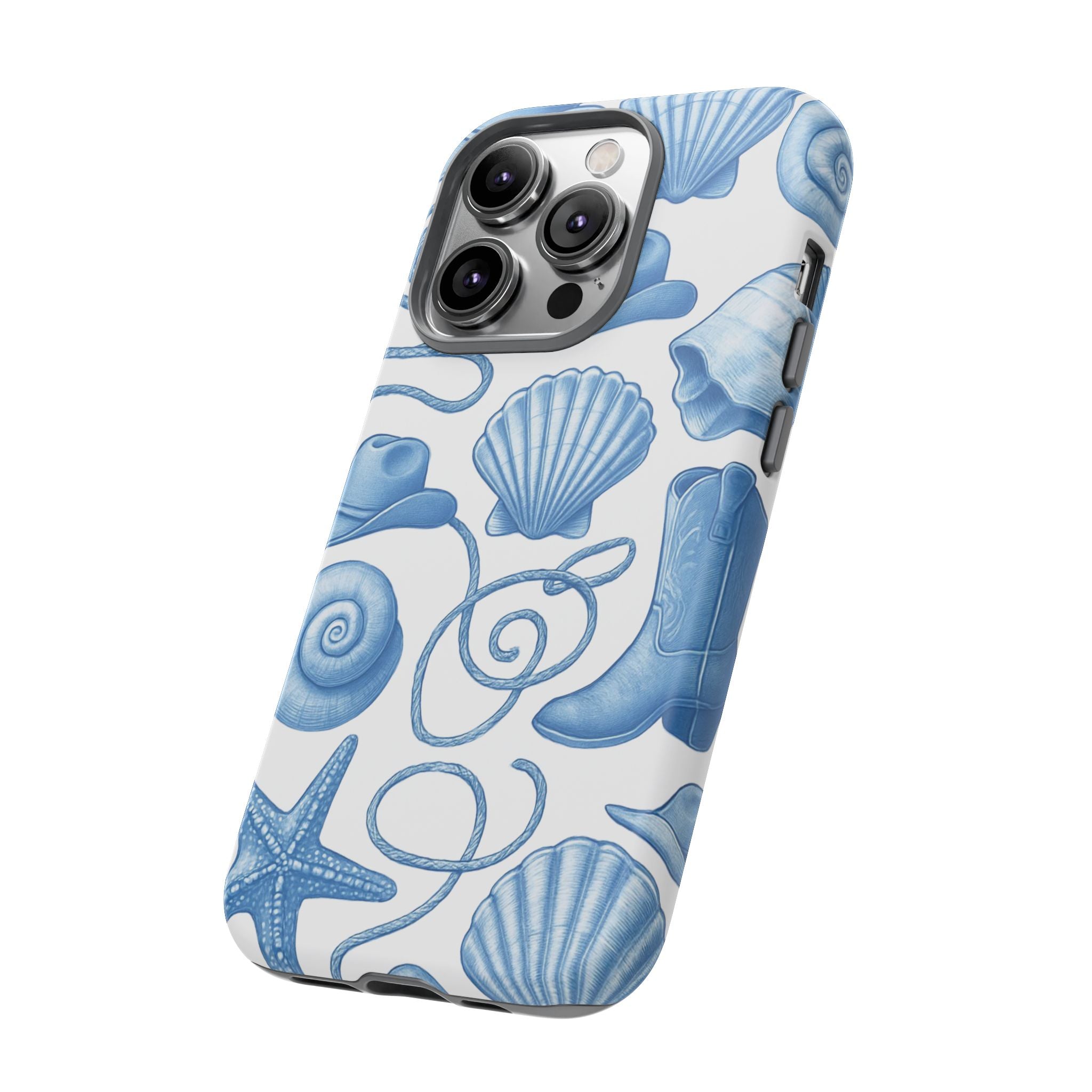 Blue Coastal Cowgirl Phone Case – Seashells, Boots & Beach Vibes