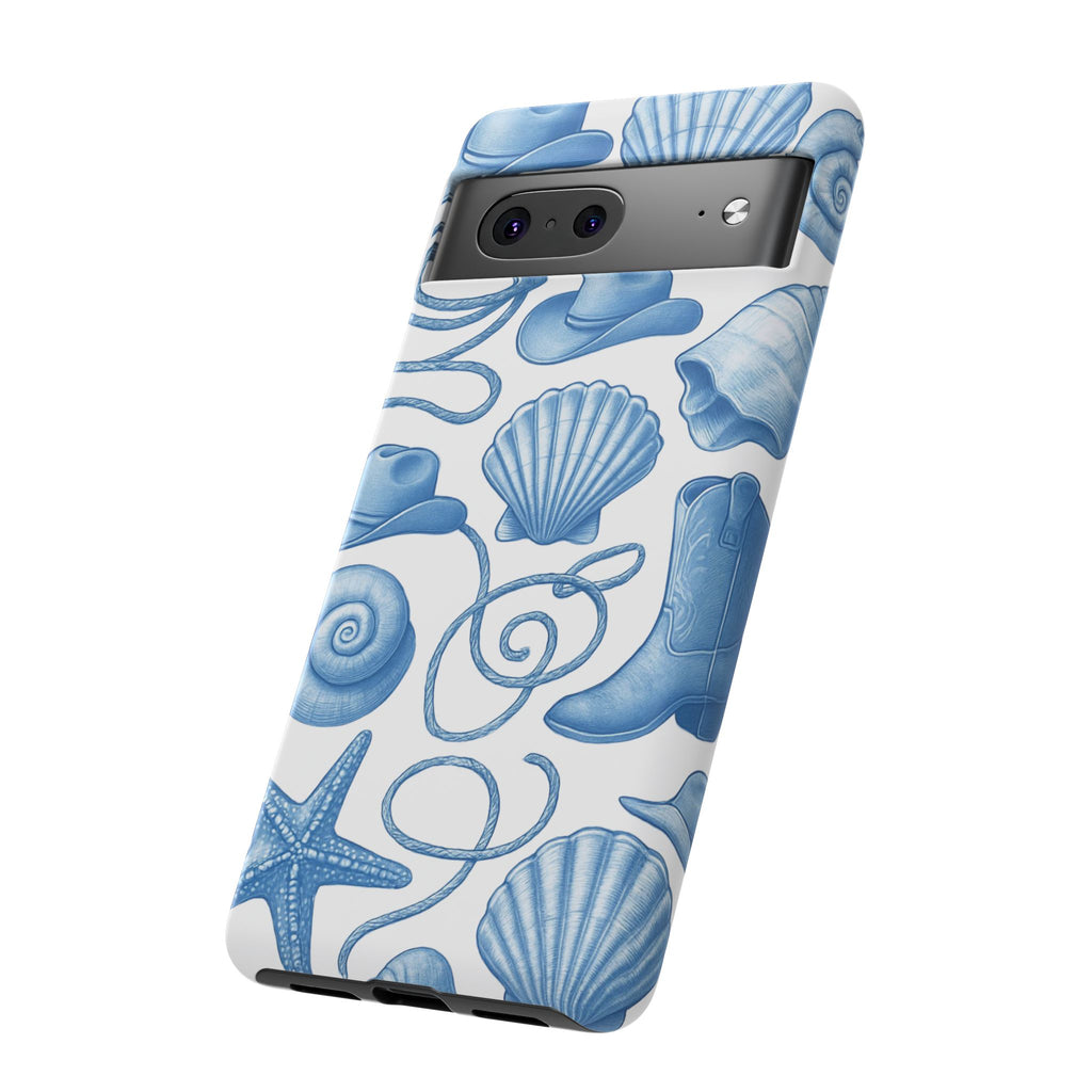 Blue Coastal Cowgirl Phone Case – Seashells, Boots & Beach Vibes