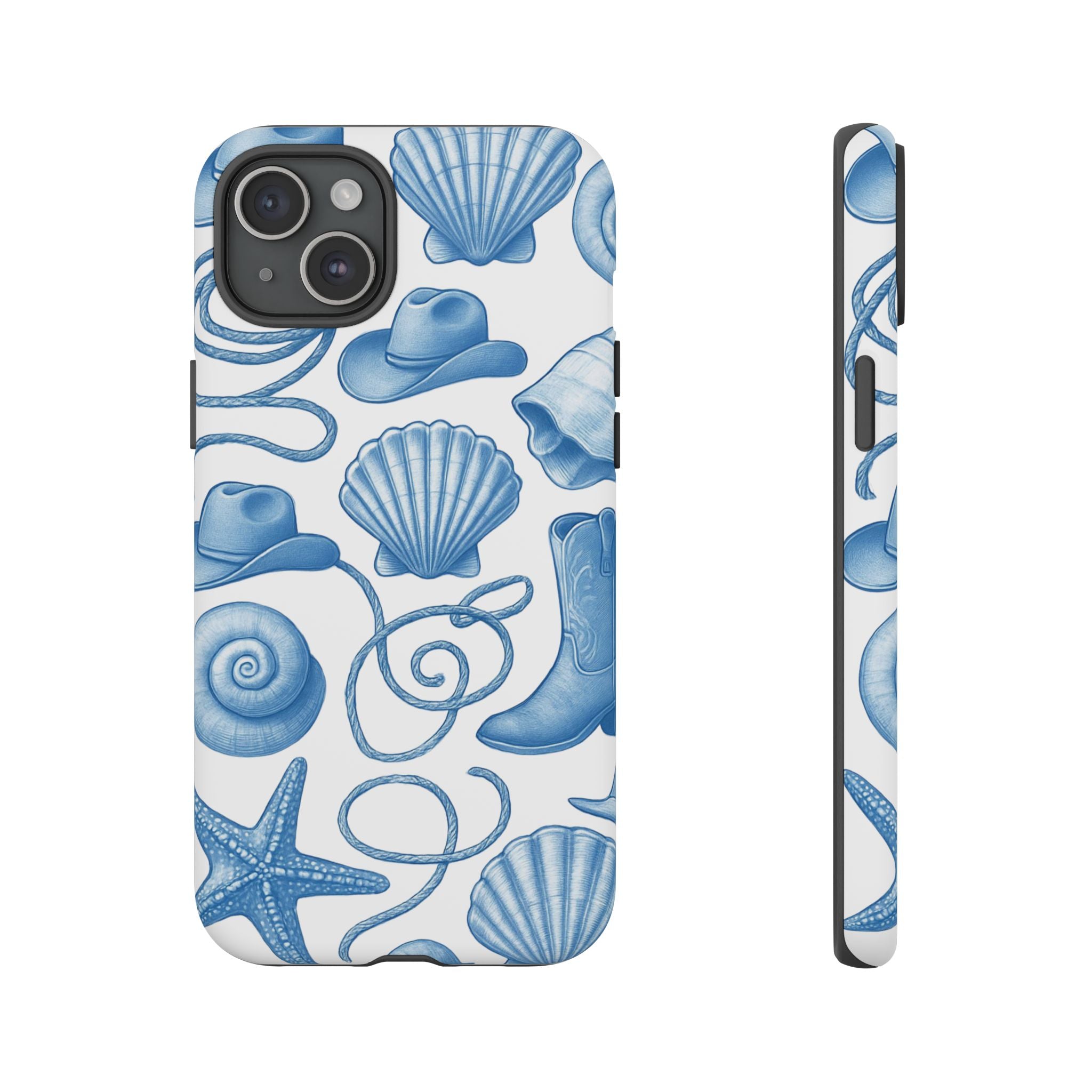 Blue Coastal Cowgirl Phone Case – Seashells, Boots & Beach Vibes