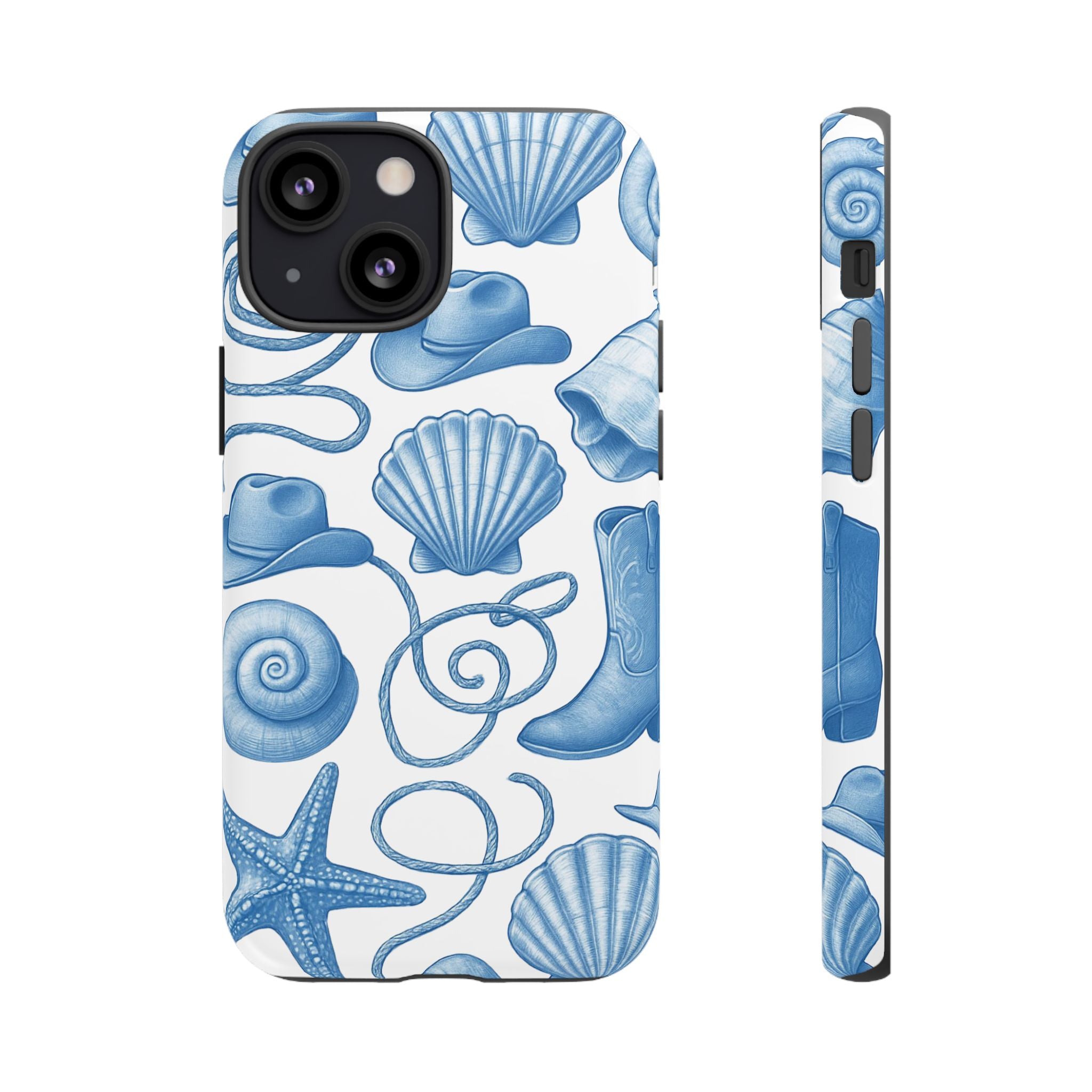 Blue Coastal Cowgirl Phone Case – Seashells, Boots & Beach Vibes