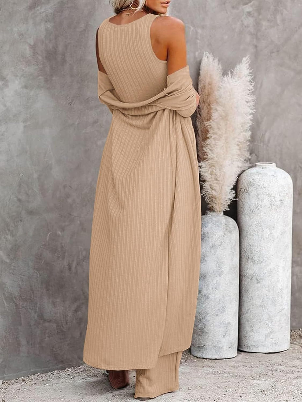Womens 3 Piece Lounge Pajamas Sets Travel Outfits Vest Top Wide Leg Pants Long Cardigan Vacation Matching Sets