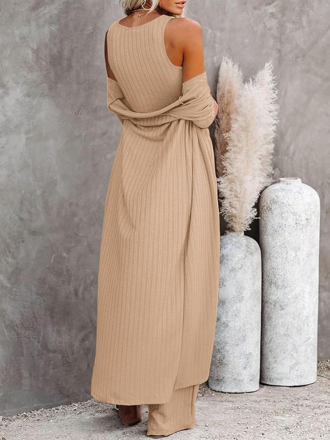 Womens 3 Piece Lounge Pajamas Sets Travel Outfits Vest Top Wide Leg Pants Long Cardigan Vacation Matching Sets