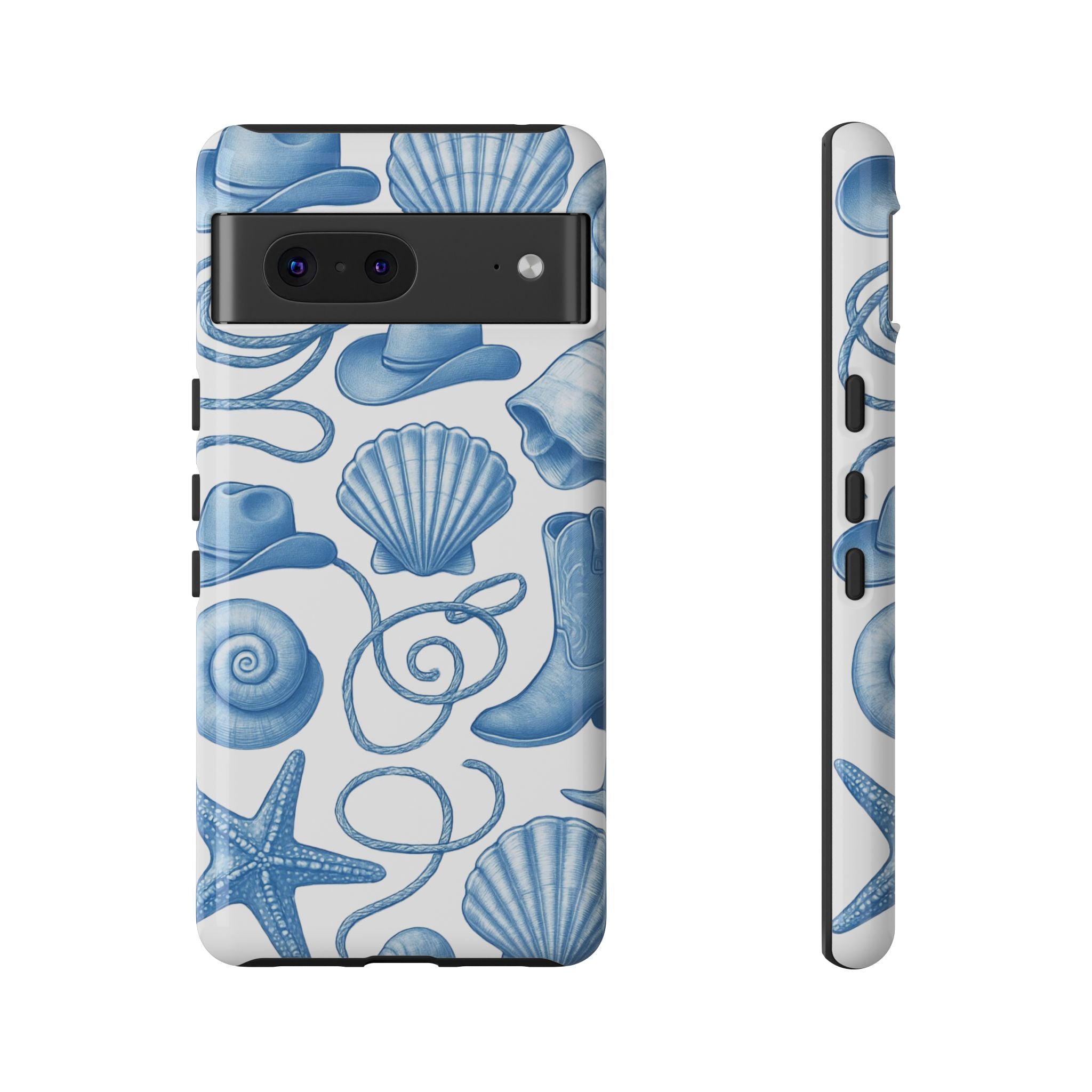 Blue Coastal Cowgirl Phone Case – Seashells, Boots & Beach Vibes