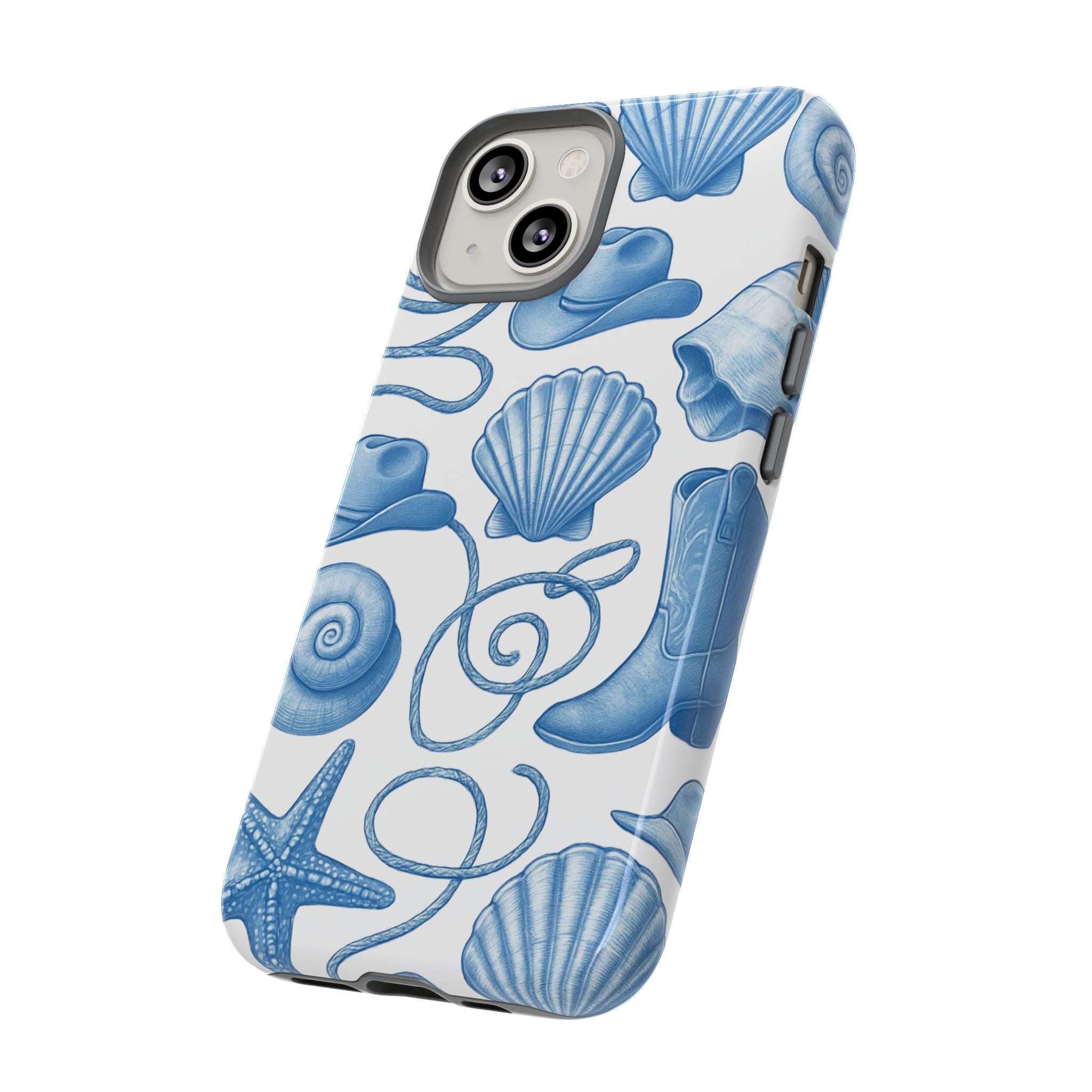 Blue Coastal Cowgirl Phone Case – Seashells, Boots & Beach Vibes