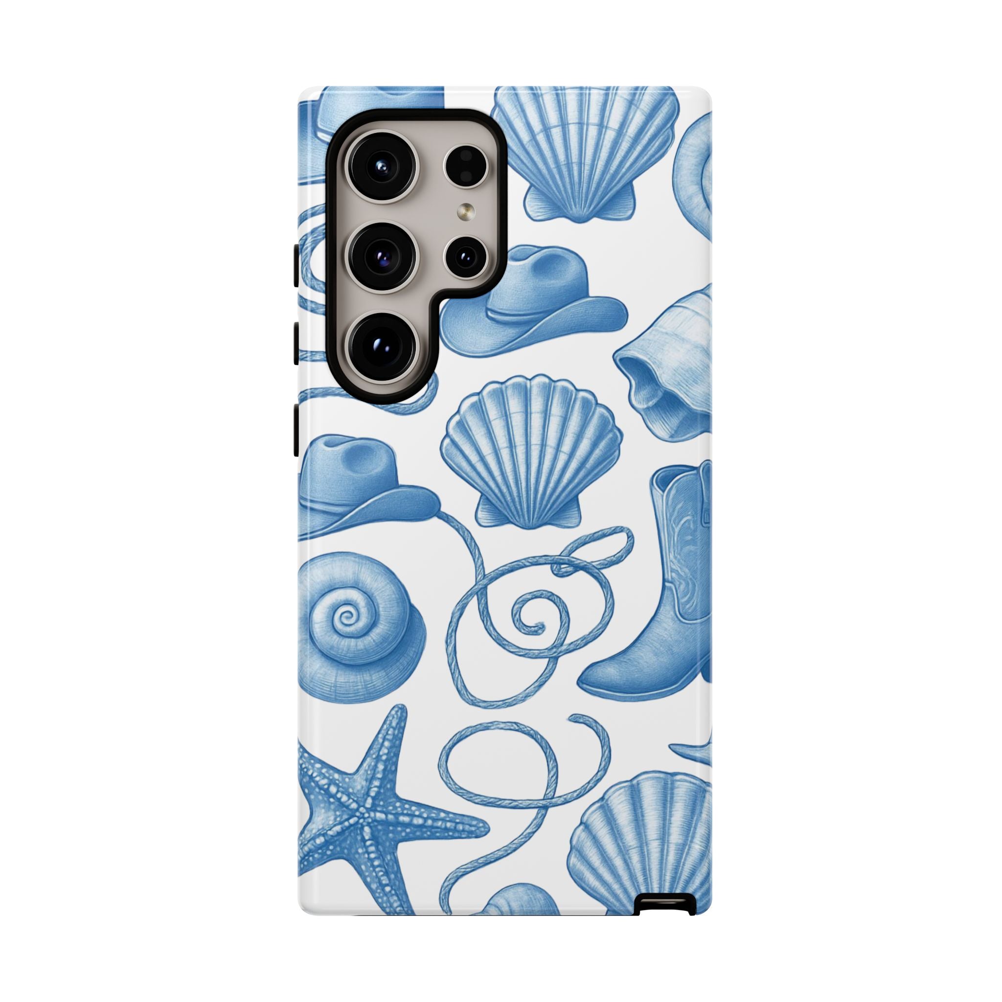 Blue Coastal Cowgirl Phone Case – Seashells, Boots & Beach Vibes