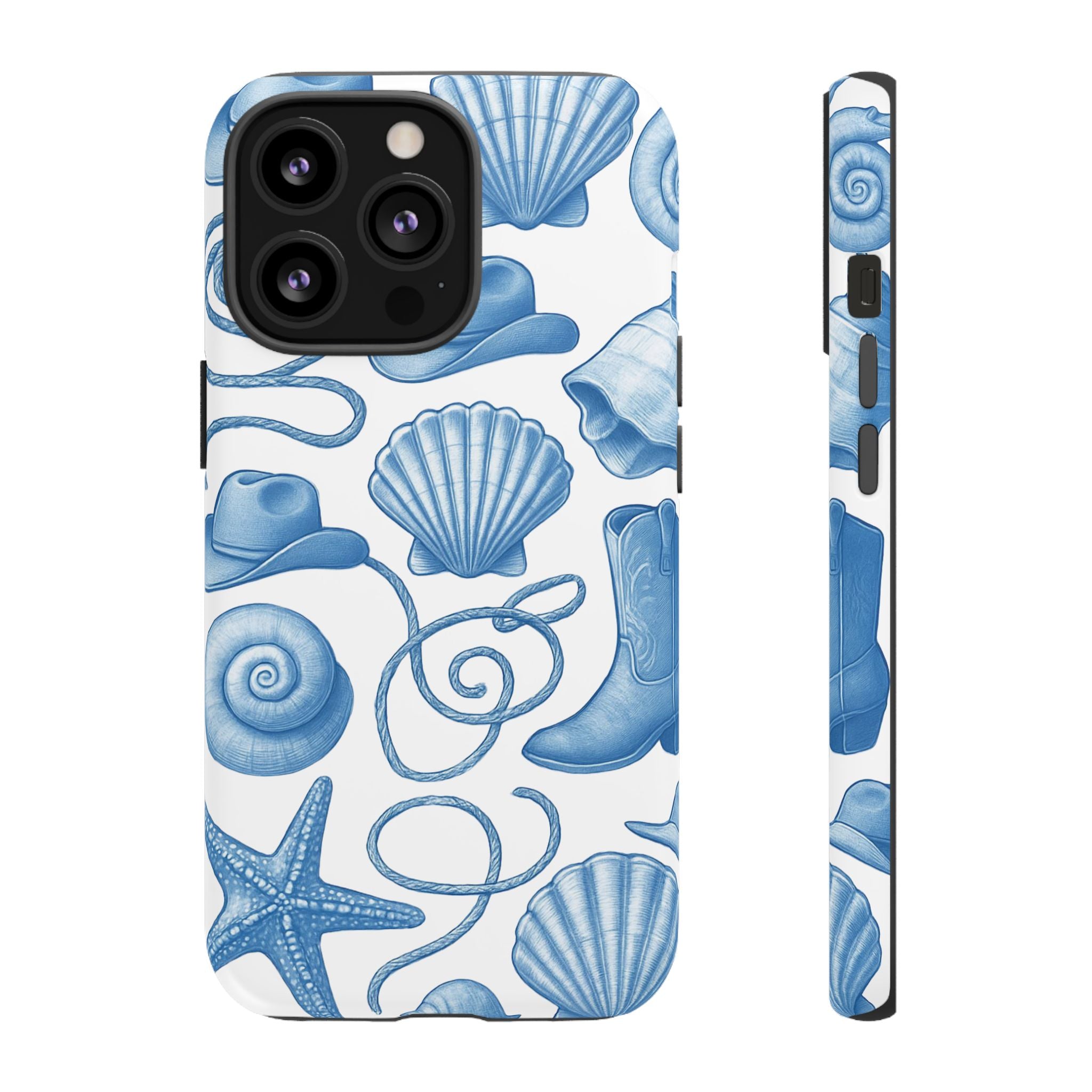 Blue Coastal Cowgirl Phone Case – Seashells, Boots & Beach Vibes