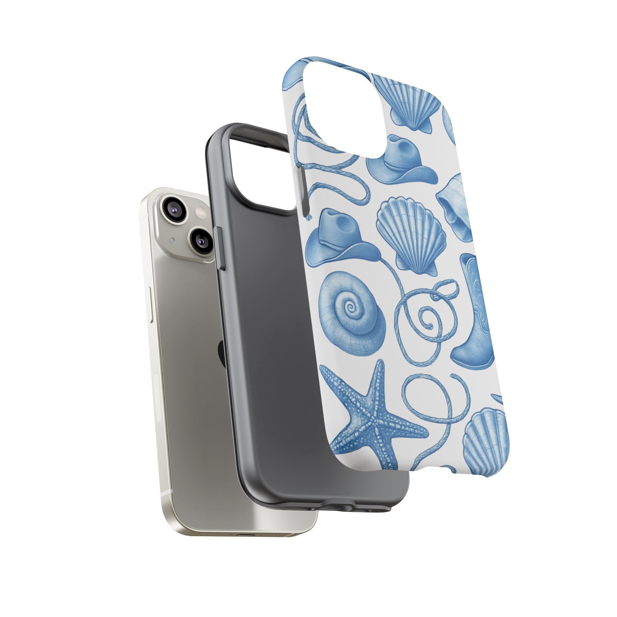 Blue Coastal Cowgirl Phone Case – Seashells, Boots & Beach Vibes