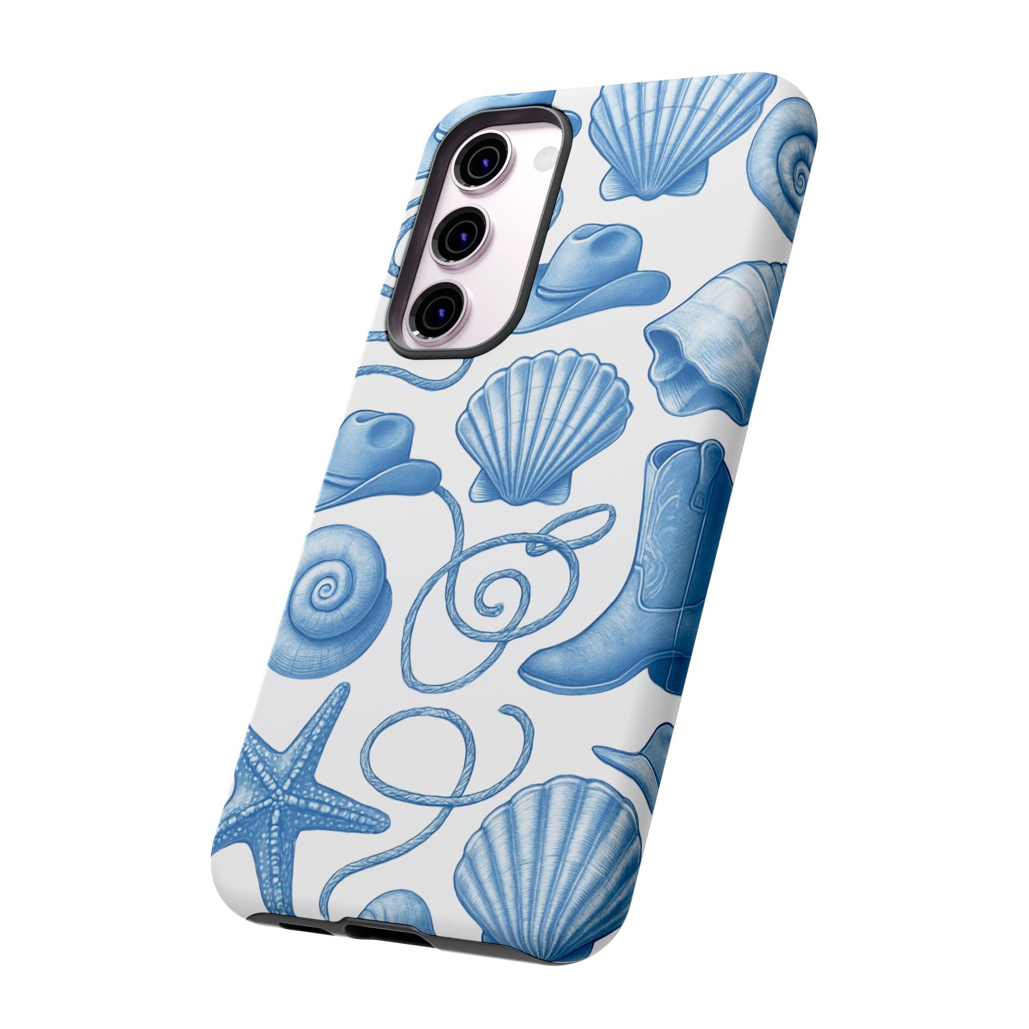 Blue Coastal Cowgirl Phone Case – Seashells, Boots & Beach Vibes