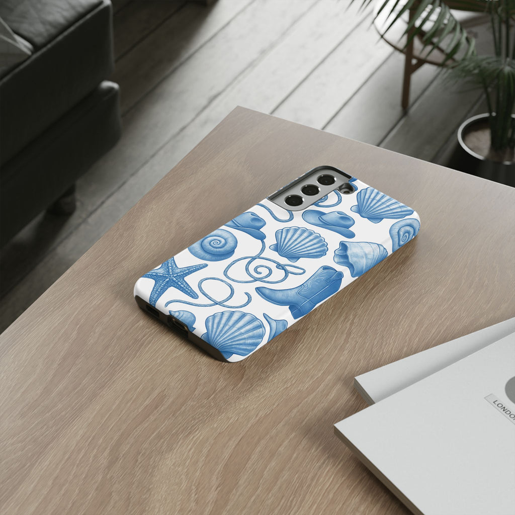 Blue Coastal Cowgirl Phone Case – Seashells, Boots & Beach Vibes