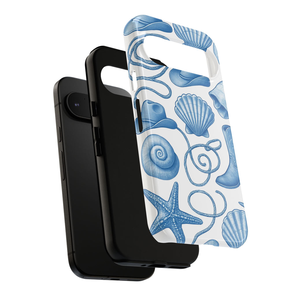 Blue Coastal Cowgirl Phone Case – Seashells, Boots & Beach Vibes