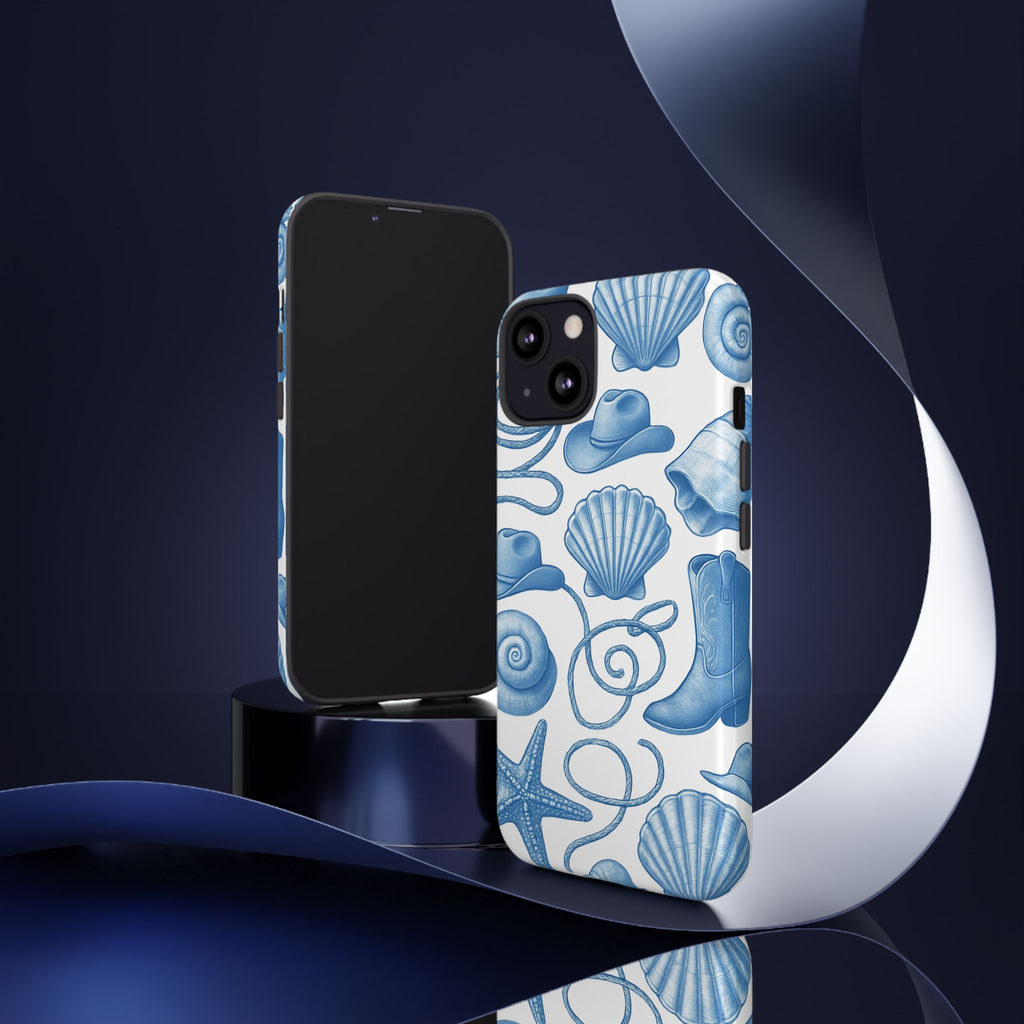 Blue Coastal Cowgirl Phone Case – Seashells, Boots & Beach Vibes