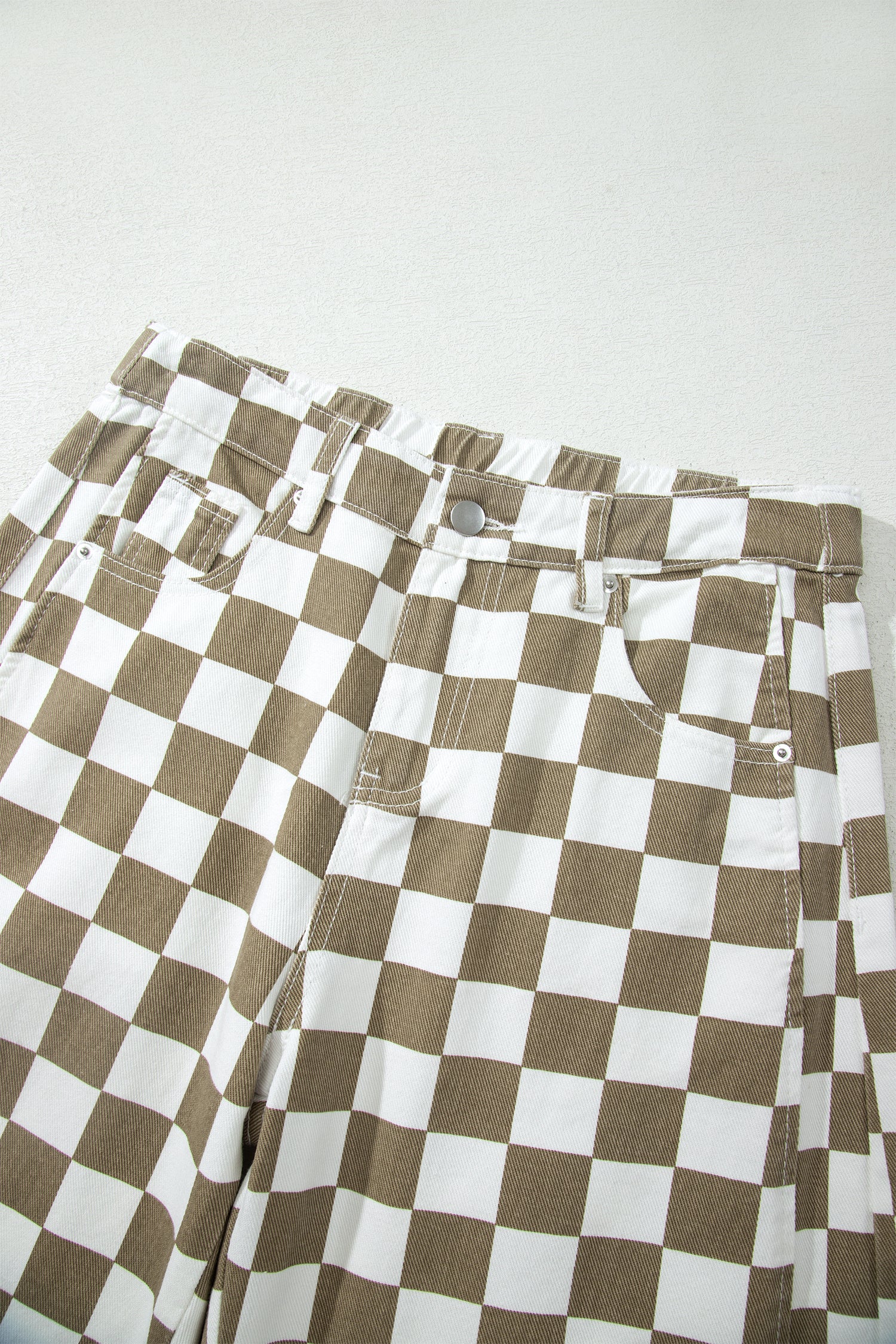White Checkered Print Denim Barrel Pants
