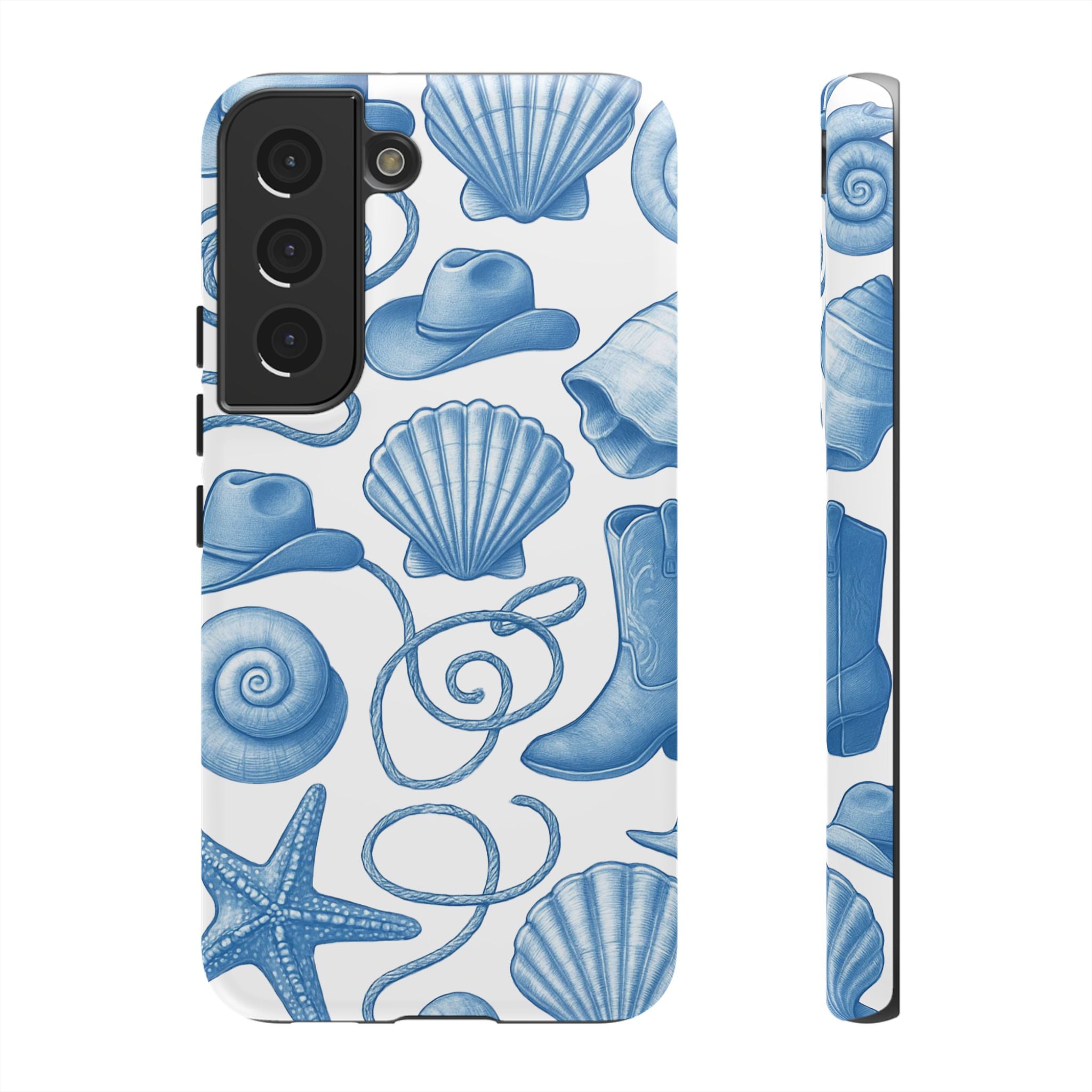 Blue Coastal Cowgirl Phone Case – Seashells, Boots & Beach Vibes