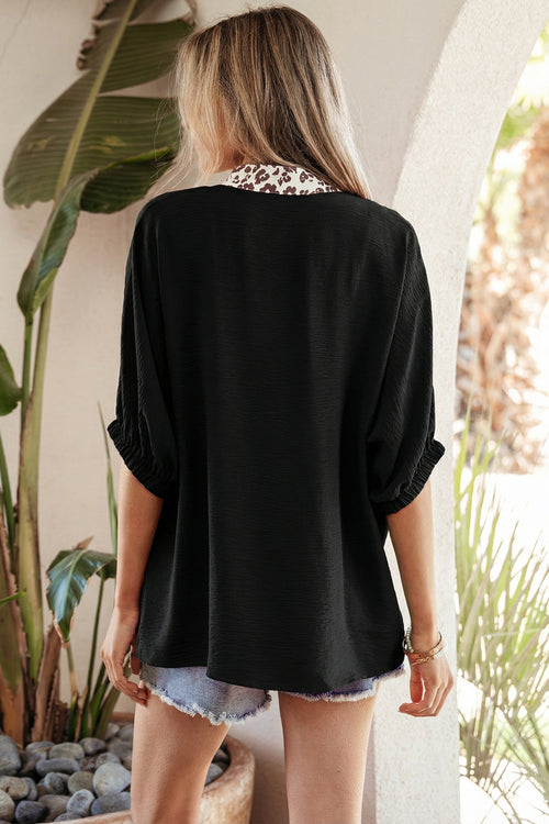 Black Dolman Half Sleeve Leopard Patchwork Trim V Neck Blouse