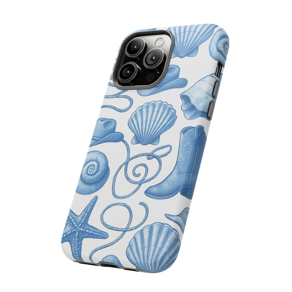 Blue Coastal Cowgirl Phone Case – Seashells, Boots & Beach Vibes