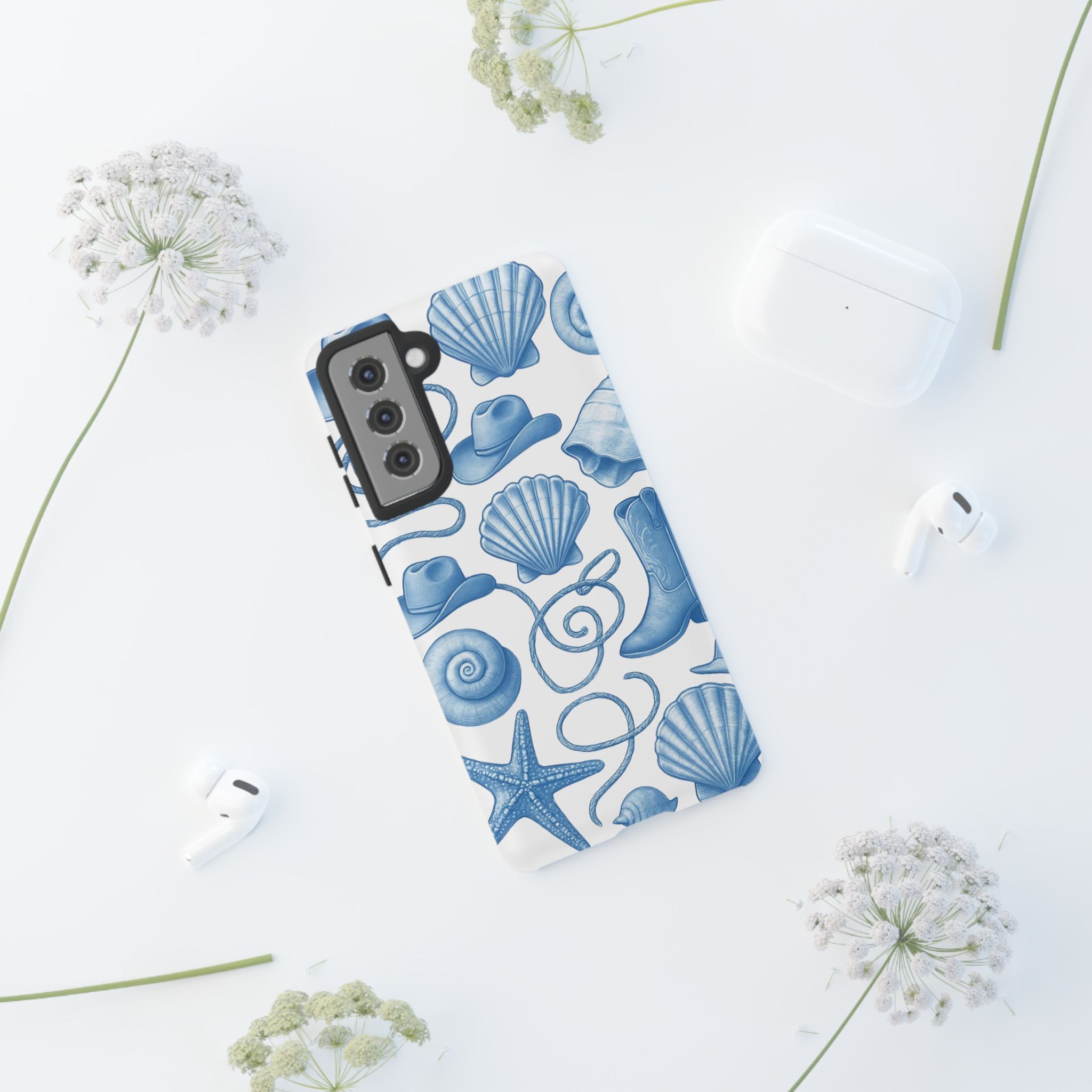 Blue Coastal Cowgirl Phone Case – Seashells, Boots & Beach Vibes