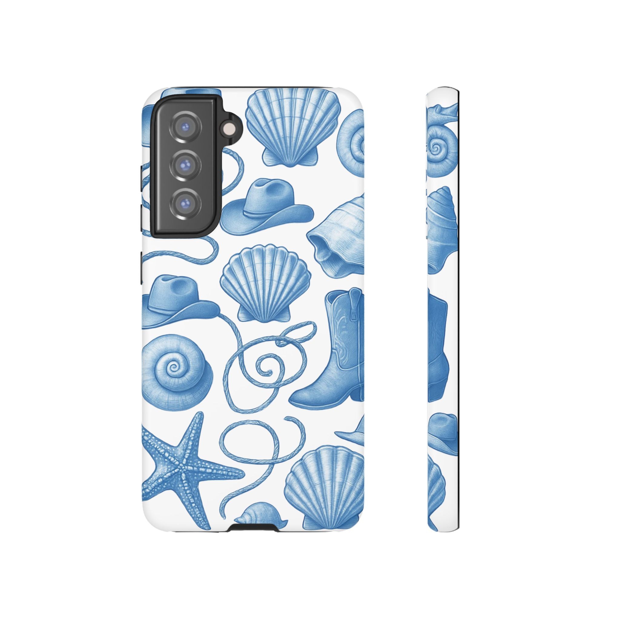 Blue Coastal Cowgirl Phone Case – Seashells, Boots & Beach Vibes