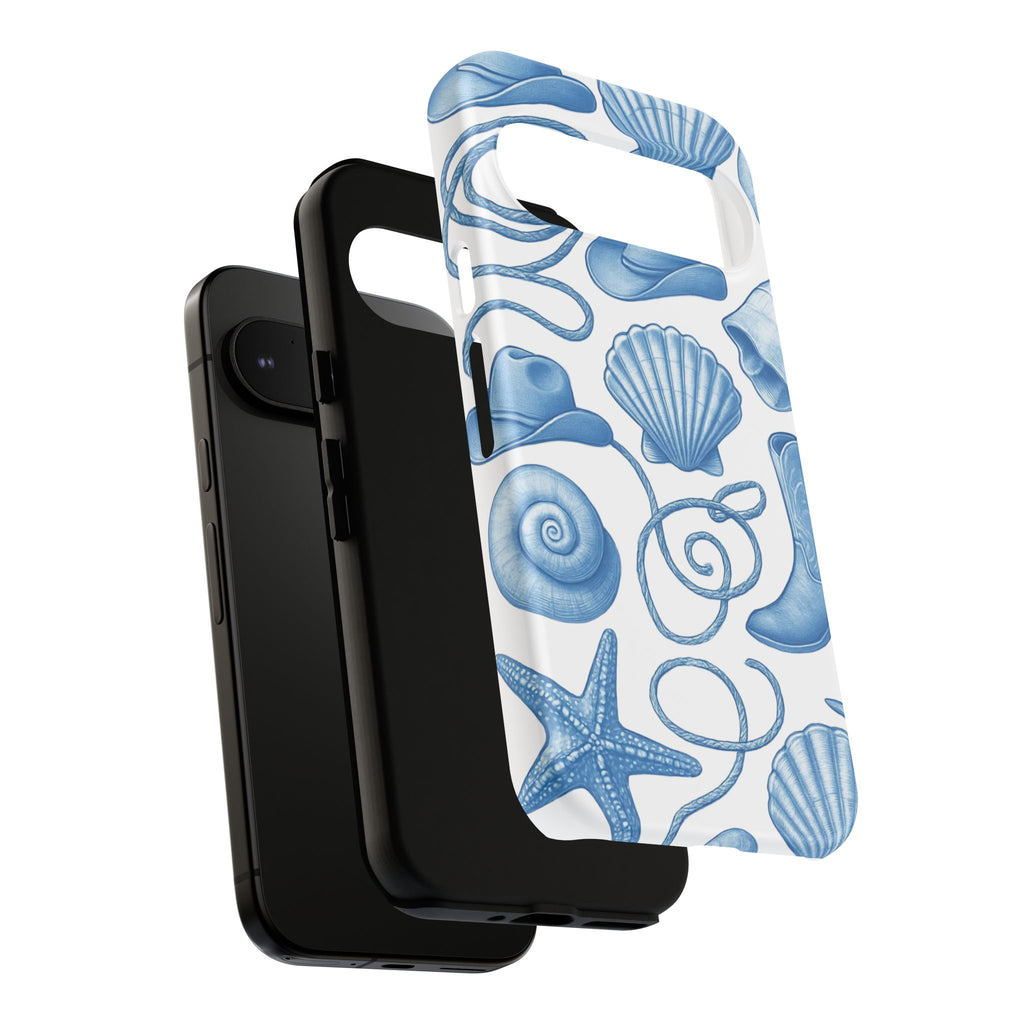 Blue Coastal Cowgirl Phone Case – Seashells, Boots & Beach Vibes